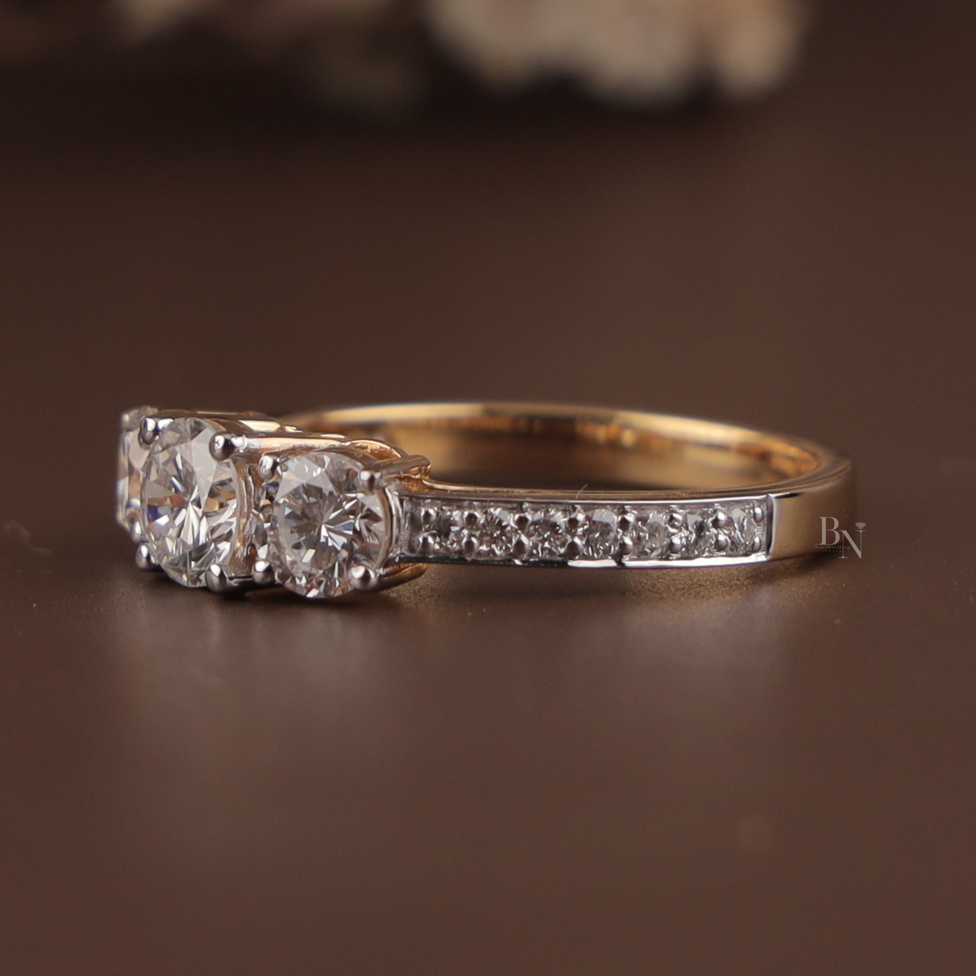 1.25ctw Round Lab Grown Diamond Three Stone Engagement Ring | 14K Yellow Gold Trilogy | Pave Diamond Band | IGI Certified |