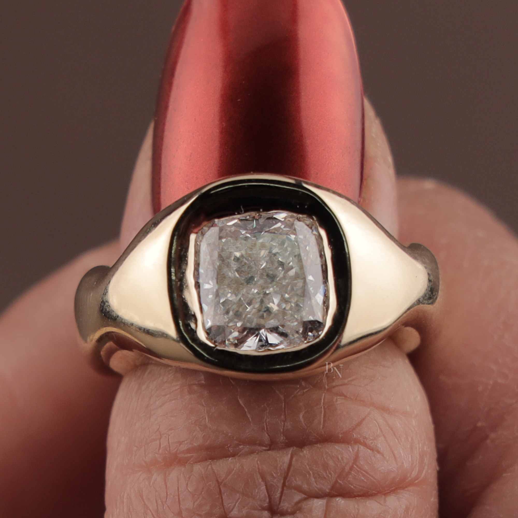 3ct Elongated Cushion Lab Grown Diamond Engagement Ring | 14K Yellow Gold Sculptural Bezel | Organic Wave Solitaire | IGI Certified |