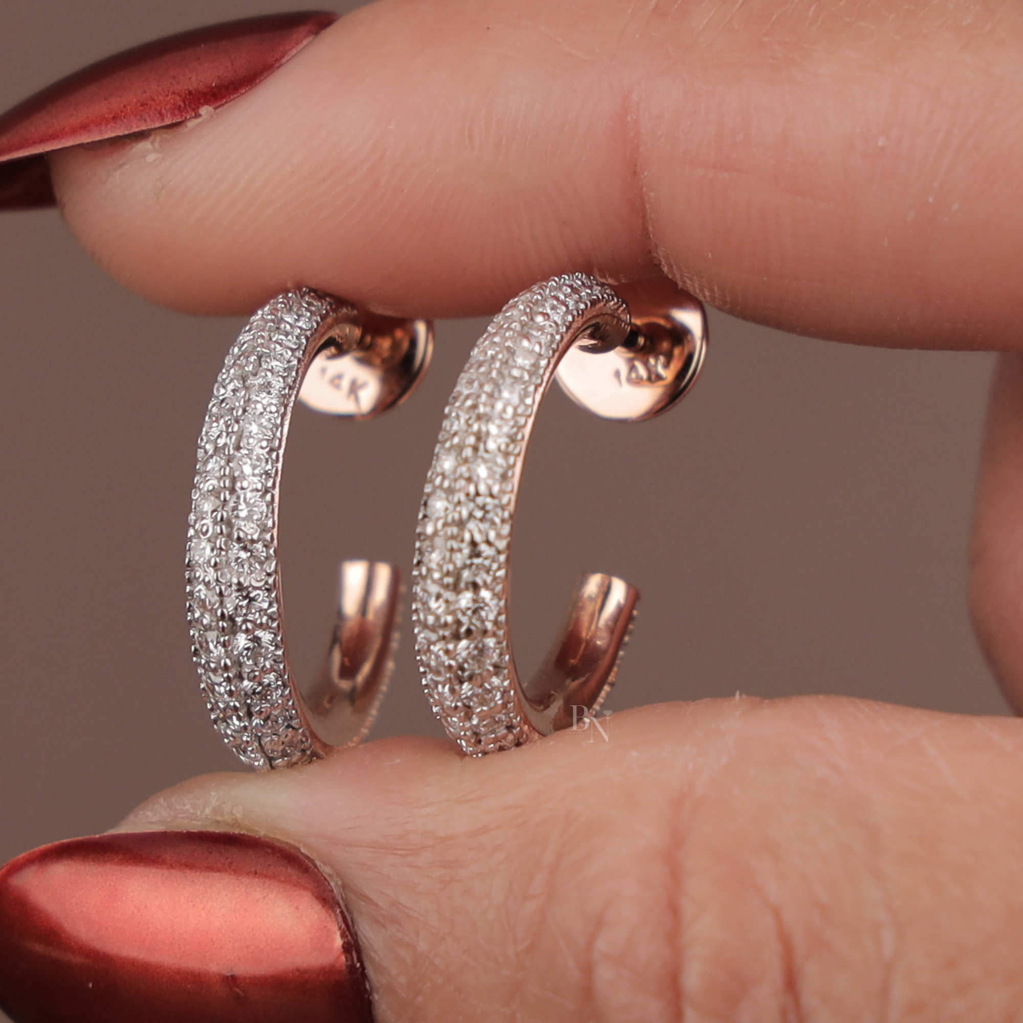 Diamond Hoop Earrings | 14K Rose Gold Pave C-Hoops | Secure Screw Back Diamond Studs | Micro Pave Bridal Jewelry | Anniversary Gift