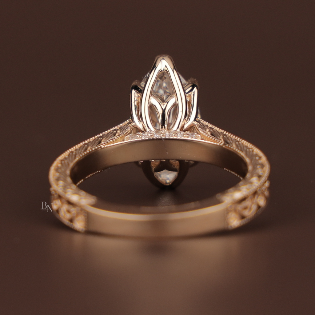 2 carat Marquise Lab Grown Diamond Engagement Ring | Vintage Deco Filigree | 14K Rose Gold Antique Style | Hidden Halo Bridal Anniversary