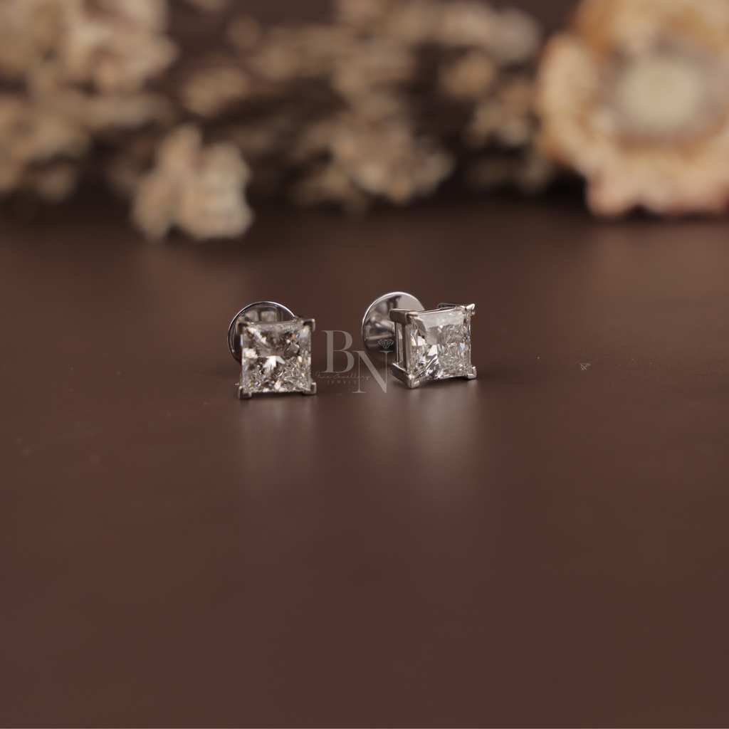 4ct Princess Cut Lab Grown Diamond Stud Earrings | IGI Certified 2ct Each | 14K White Gold 4 Prong Basket | Type IIa Solitaire Studs | Gift