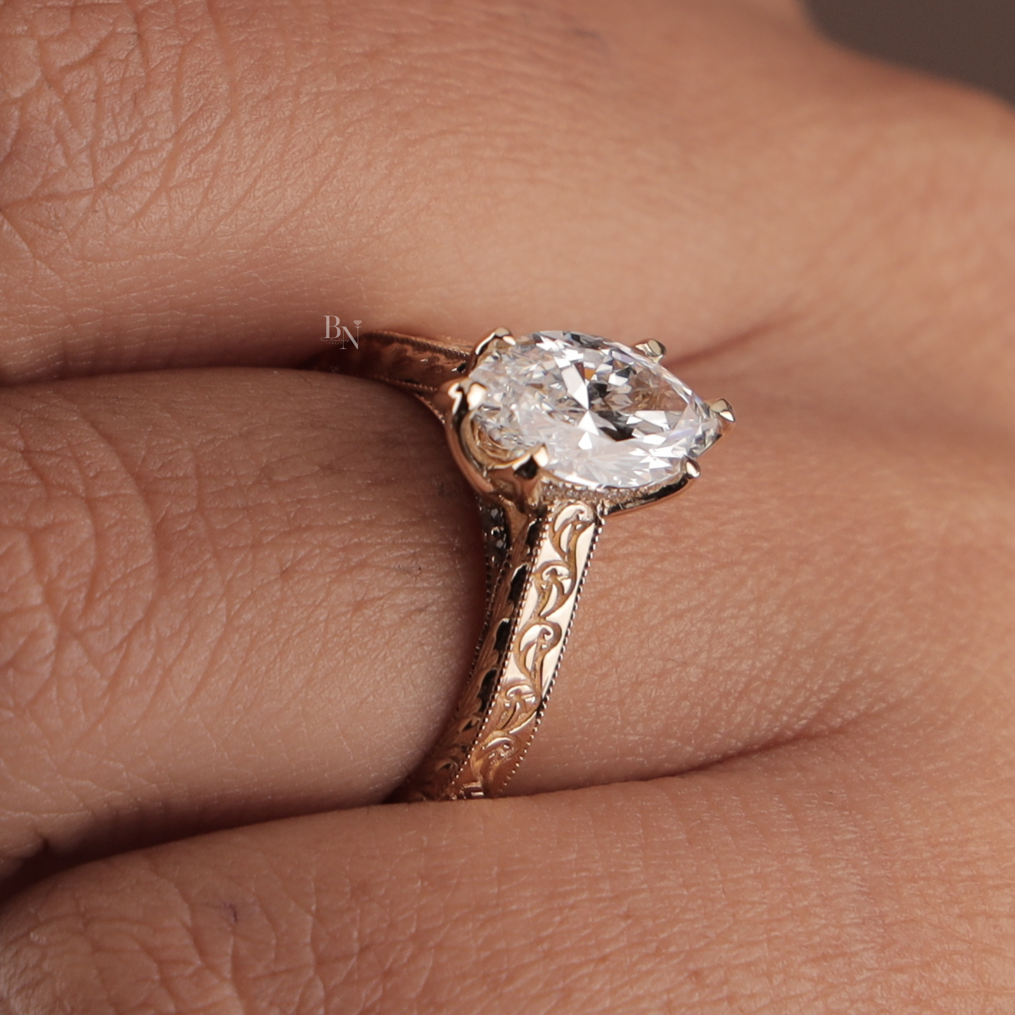 2 carat Marquise Lab Grown Diamond Engagement Ring | Vintage Deco Filigree | 14K Rose Gold Antique Style | Hidden Halo Bridal Anniversary