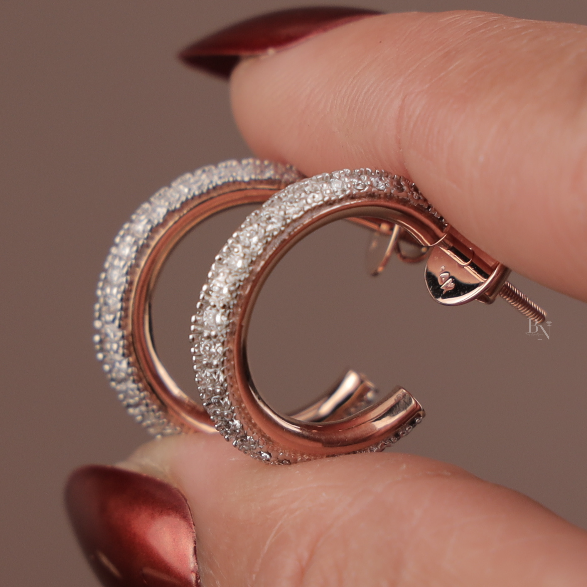Diamond Hoop Earrings | 14K Rose Gold Pave C-Hoops | Secure Screw Back Diamond Studs | Micro Pave Bridal Jewelry | Anniversary Gift