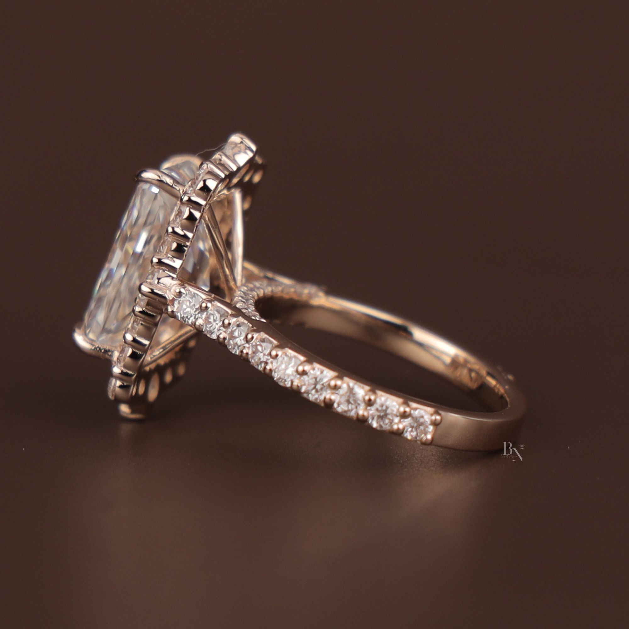 3.5ct Radiant Cut Lab Grown Diamond Engagement Ring | Hidden Halo Rose Gold Bridal Ring | 14K Rose Gold Pave Band | Type IIa Promise Ring