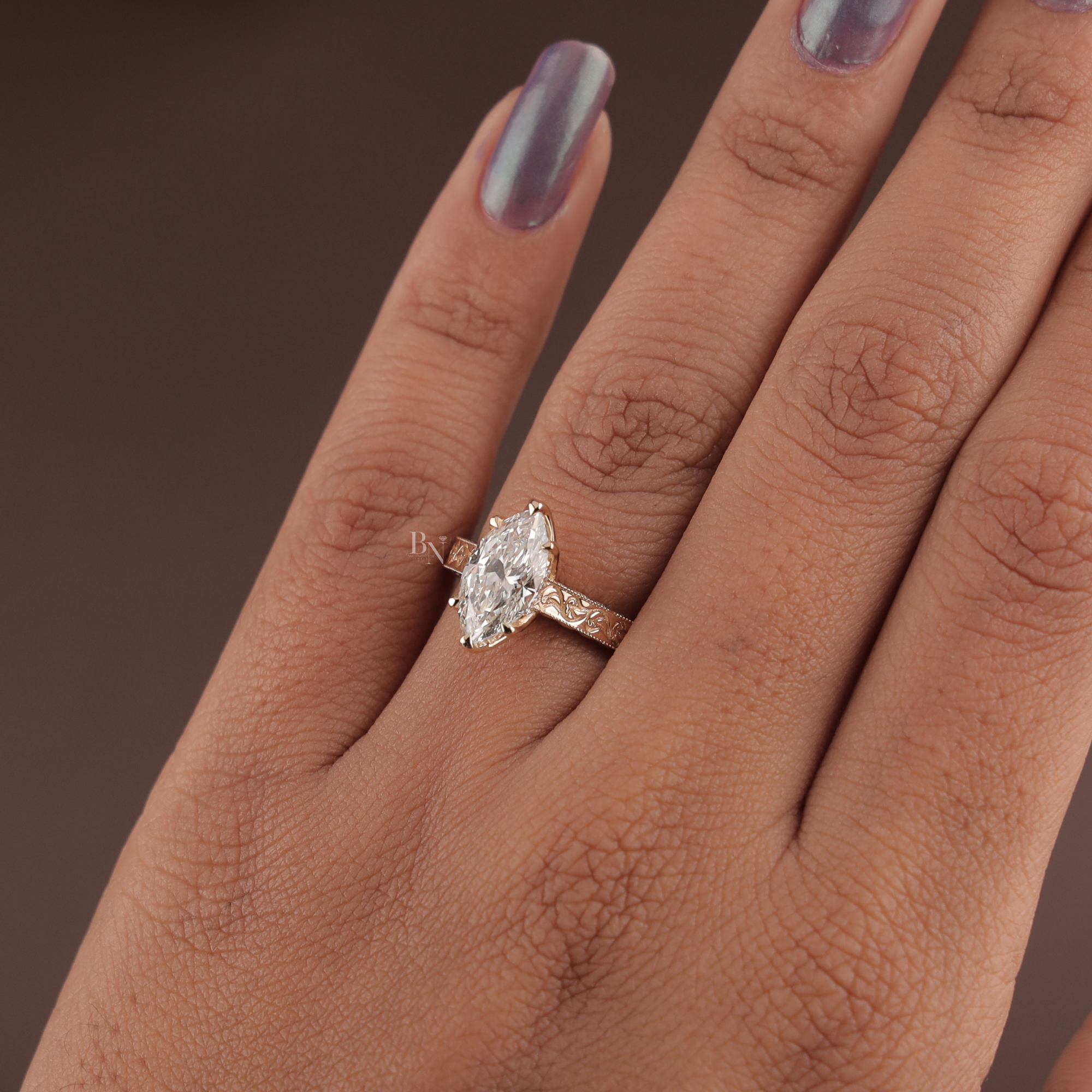 2 carat Marquise Lab Grown Diamond Engagement Ring | Vintage Deco Filigree | 14K Rose Gold Antique Style | Hidden Halo Bridal Anniversary