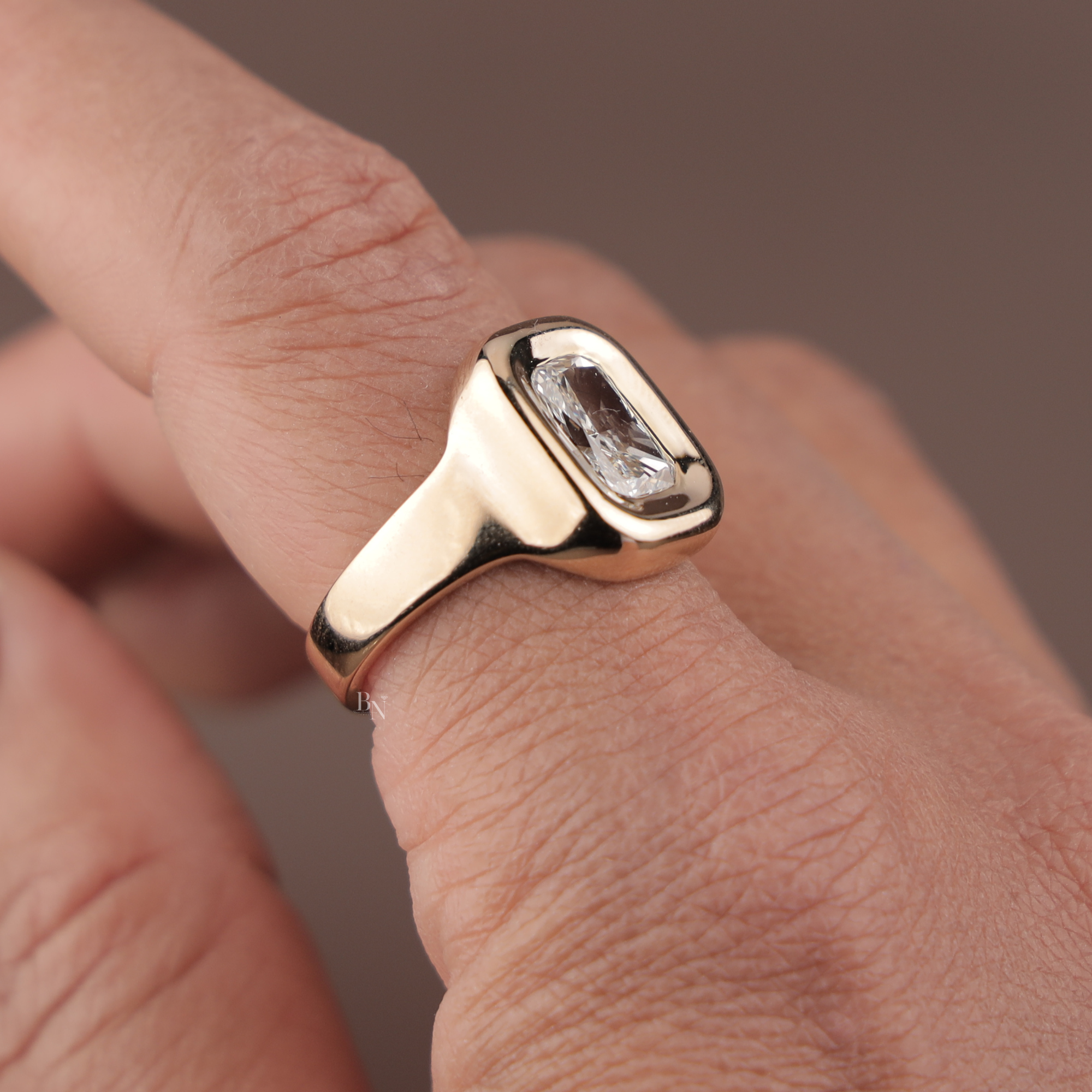 2.0ct Radiant Cut Lab Grown Diamond Engagement Ring | 14K Yellow Gold Bezel Set Signet Ring | Modern Statement Bridal Band | IGI Certified