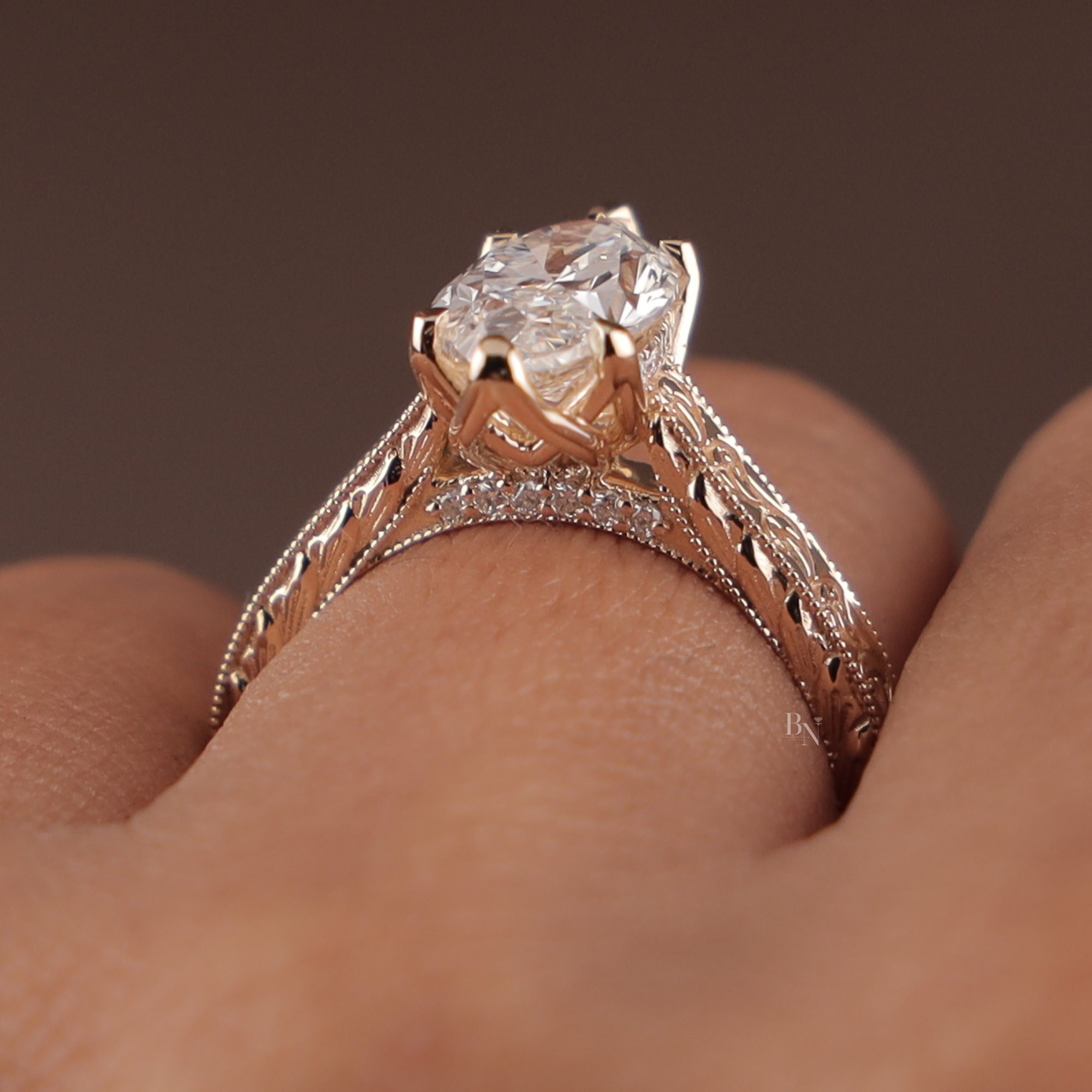 2 carat Marquise Lab Grown Diamond Engagement Ring | Vintage Deco Filigree | 14K Rose Gold Antique Style | Hidden Halo Bridal Anniversary