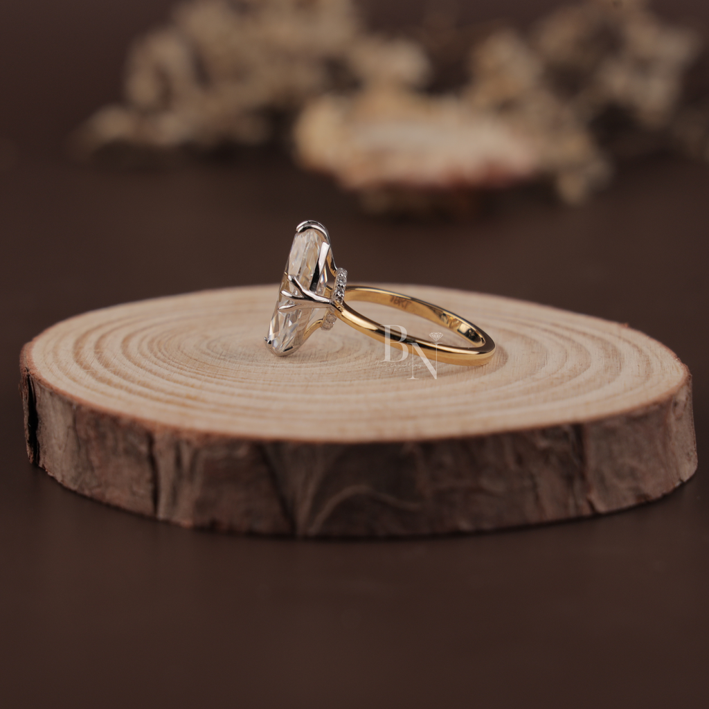 3ct Old Mine Moval Lab Diamond Engagement Ring | Elongated Antique Movall Cut | 14K Two Tone Gold Hidden Halo | Claw Prong Bridal Ring | IGI