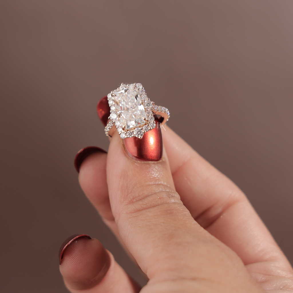3.5ct Radiant Cut Lab Grown Diamond Engagement Ring | Hidden Halo Rose Gold Bridal Ring | 14K Rose Gold Pave Band | Type IIa Promise Ring