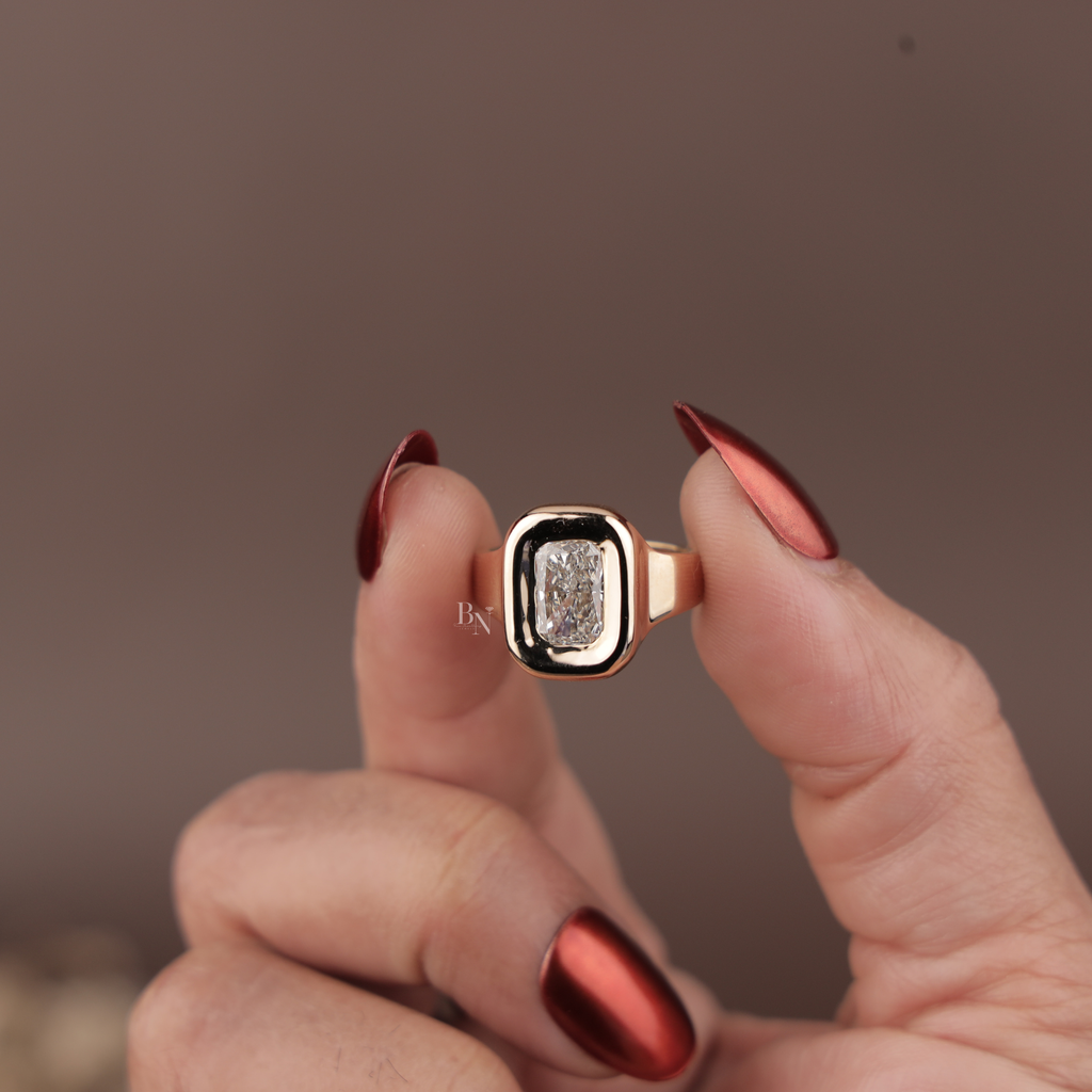 2.0ct Radiant Cut Lab Grown Diamond Engagement Ring | 14K Yellow Gold Bezel Set Signet Ring | Modern Statement Bridal Band | IGI Certified