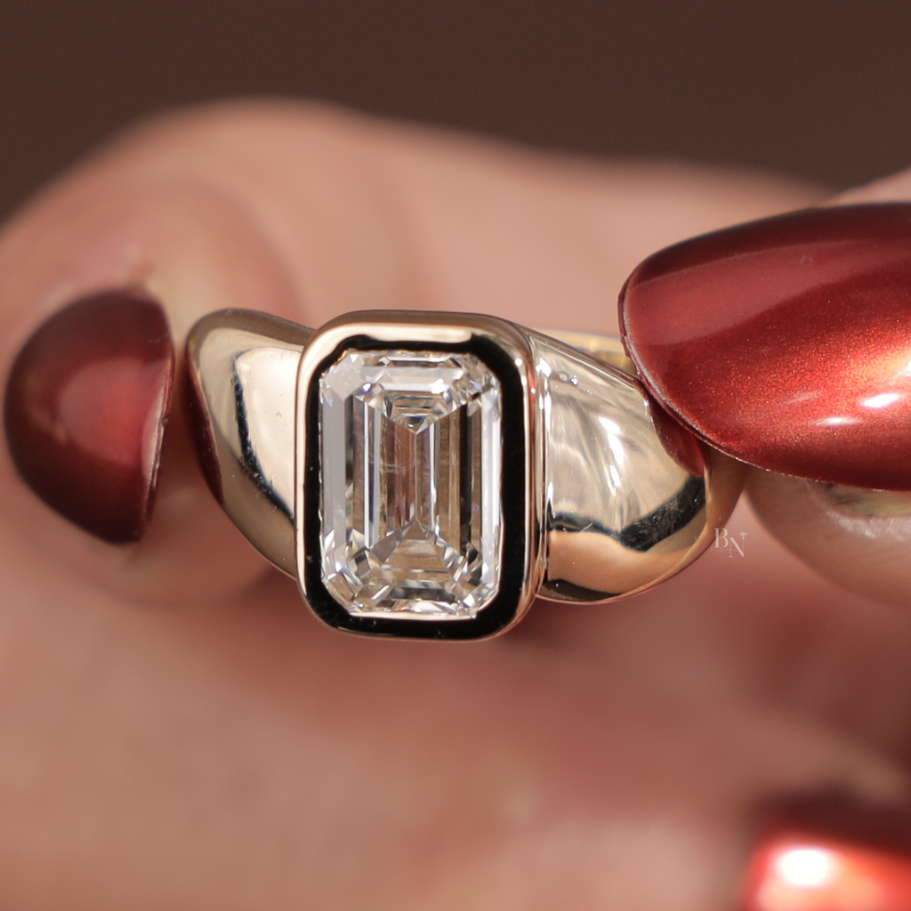3ct Emerald Cut Lab Grown Diamond Engagement Ring | Bezel Set 14K Yellow Gold Signet Ring | Modern Solitaire | IGI Certified Fine Jewelry