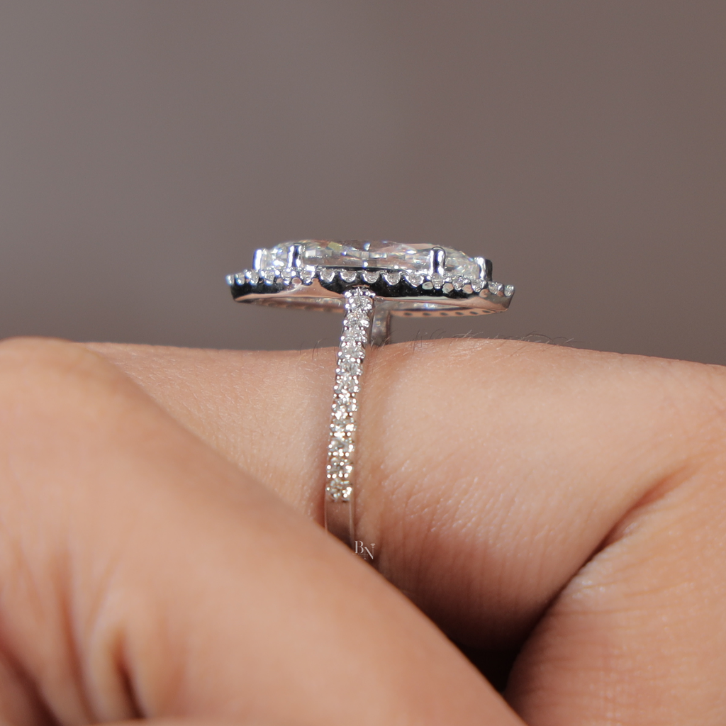 3ct Marquise Lab Grown Diamond Engagement Ring | 14K White Gold Halo | IGI Certified Type IIa Diamond | Pave Band Bridal Anniversary Ring