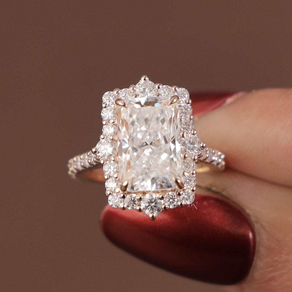 3.5ct Radiant Cut Lab Grown Diamond Engagement Ring | Hidden Halo Rose Gold Bridal Ring | 14K Rose Gold Pave Band | Type IIa Promise Ring