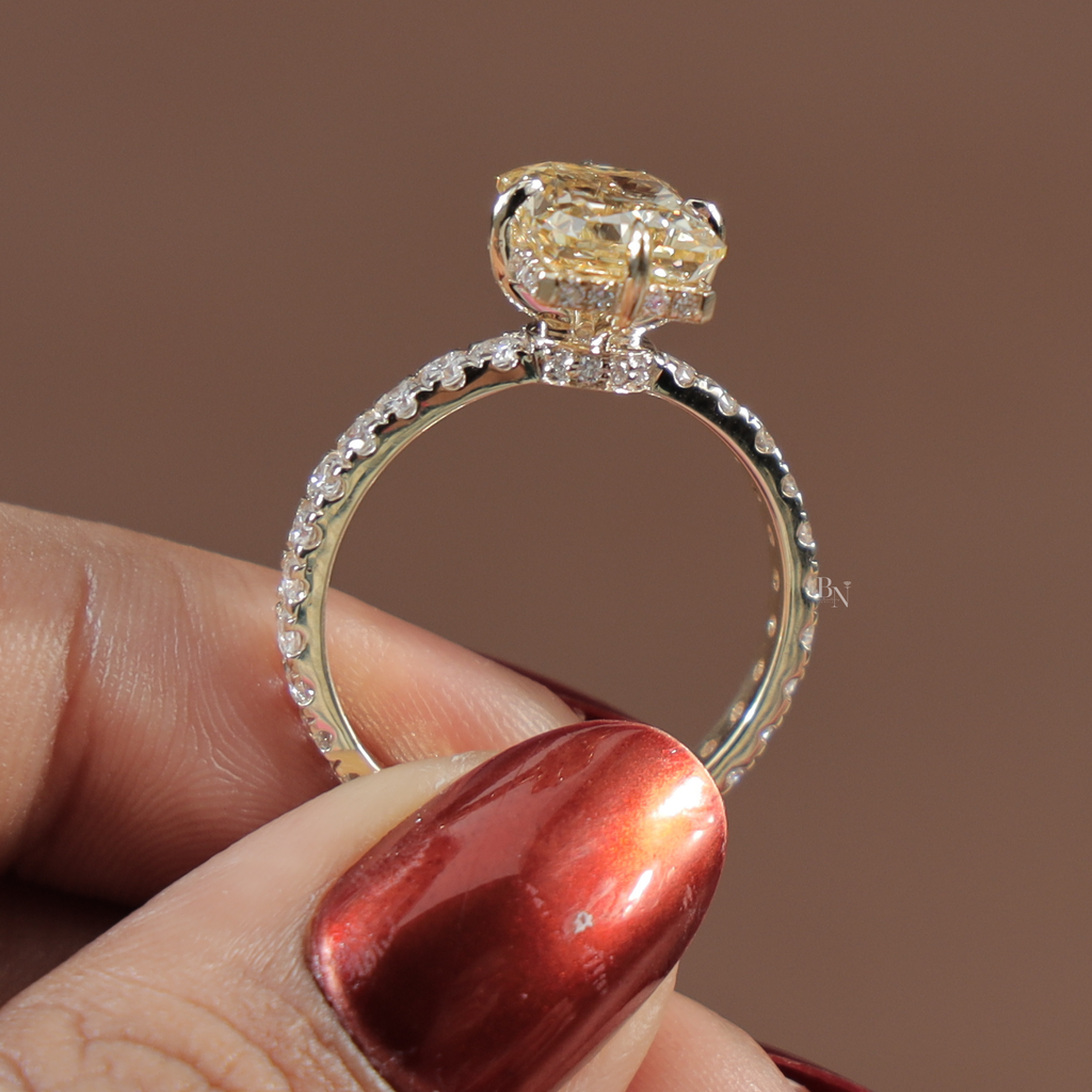 3.5ct Radiant Cut Fancy Yellow Lab Grown Diamond Engagement Ring | Hidden Halo | 14K White Gold Pave Band | IGI Certified Canary Diamond