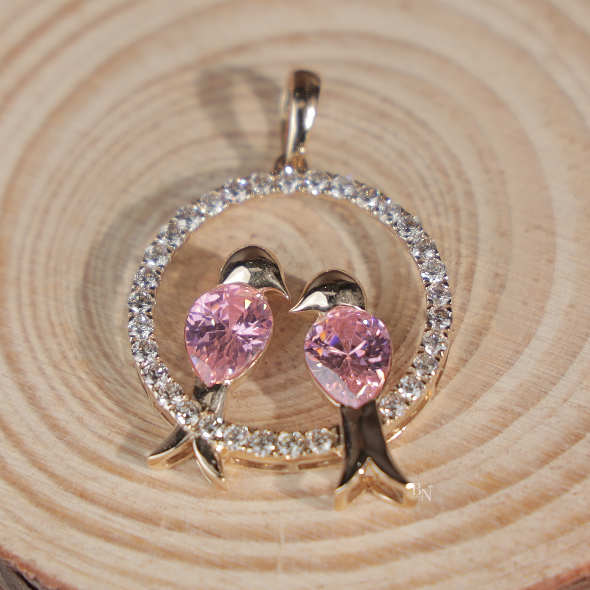 Pink Diamond Bird Pendant | Pear Cut Pink Lab Grown Diamond Love Birds Pendant | 14K White Gold Circle Jewelry | Romantic Anniversary Gift(Only Pendant)