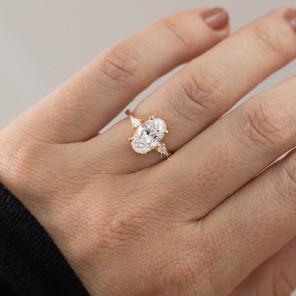 2.5ct Oval Lab Grown Diamond Engagement Ring | 14K Yellow Gold | Pear Side Stones | Three Stone Bridal Ring |