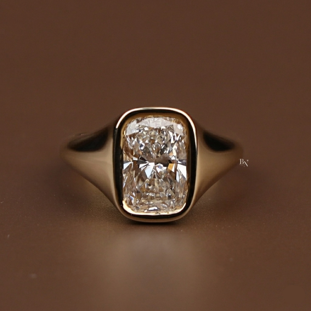 3ct Cushion Cut Lab Grown Diamond Engagement Ring | 14K Yellow Gold Bezel Set Signet Ring | IGI Certified Type IIa Diamond | Modern Bridal