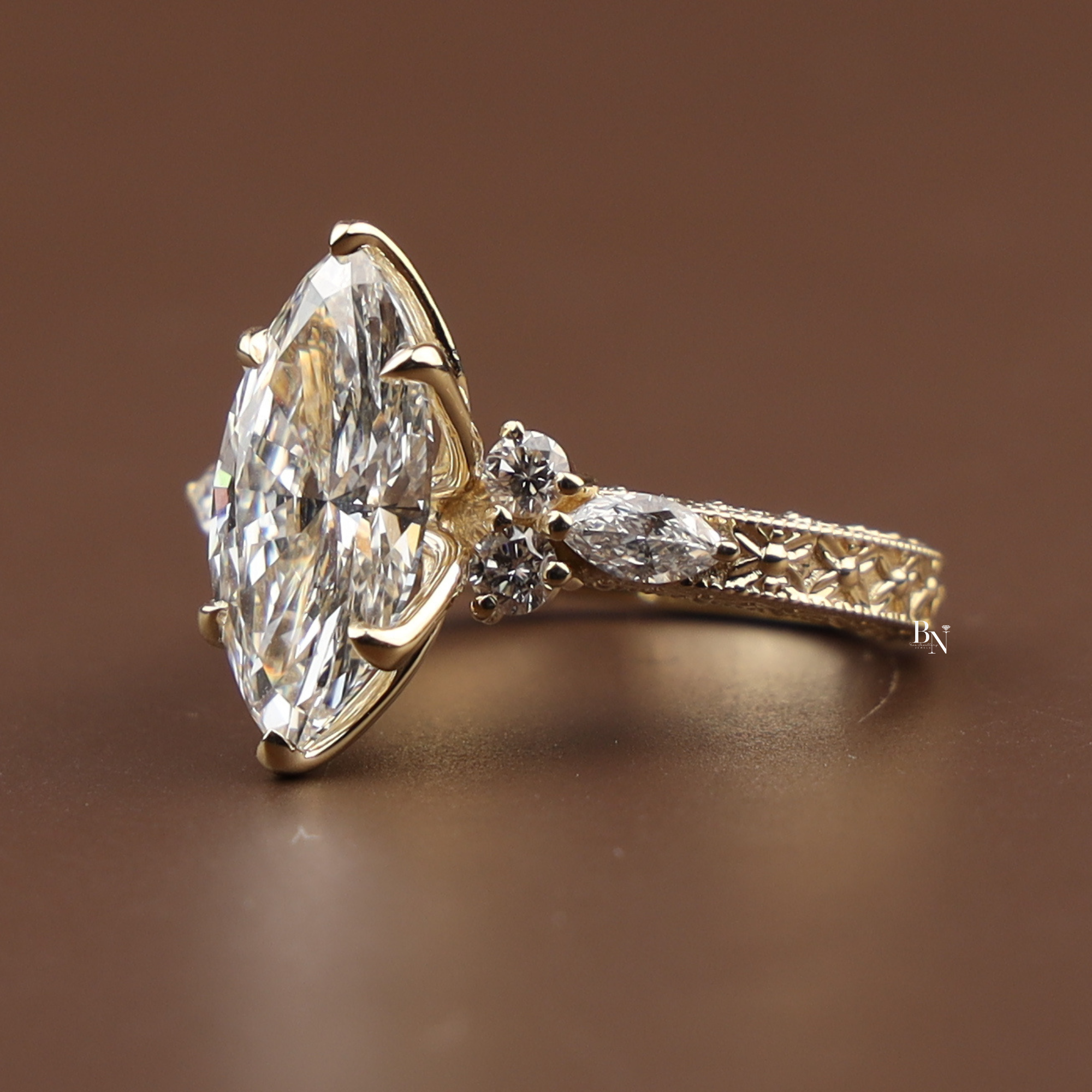 3ct Marquise Lab Grown Diamond Engagement Ring |  Gold Vintage Filigree Ring |  Lotus Setting | Antique Bridal Ring