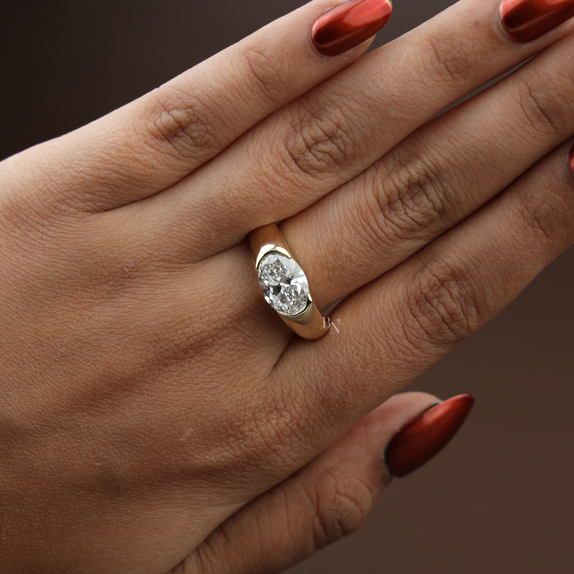 2.5ct East West Oval Lab Grown Diamond Engagement Ring | 14K Yellow Gold Half Bezel Signet Ring | IGI Certified Diamond | Modern Band