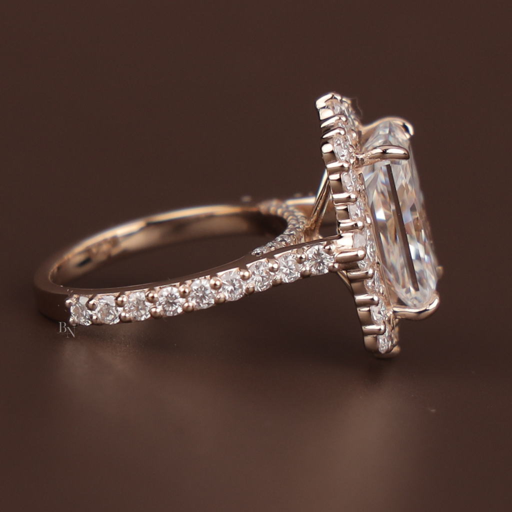 3.5ct Radiant Cut Lab Grown Diamond Engagement Ring | Hidden Halo Rose Gold Bridal Ring | 14K Rose Gold Pave Band | Type IIa Promise Ring