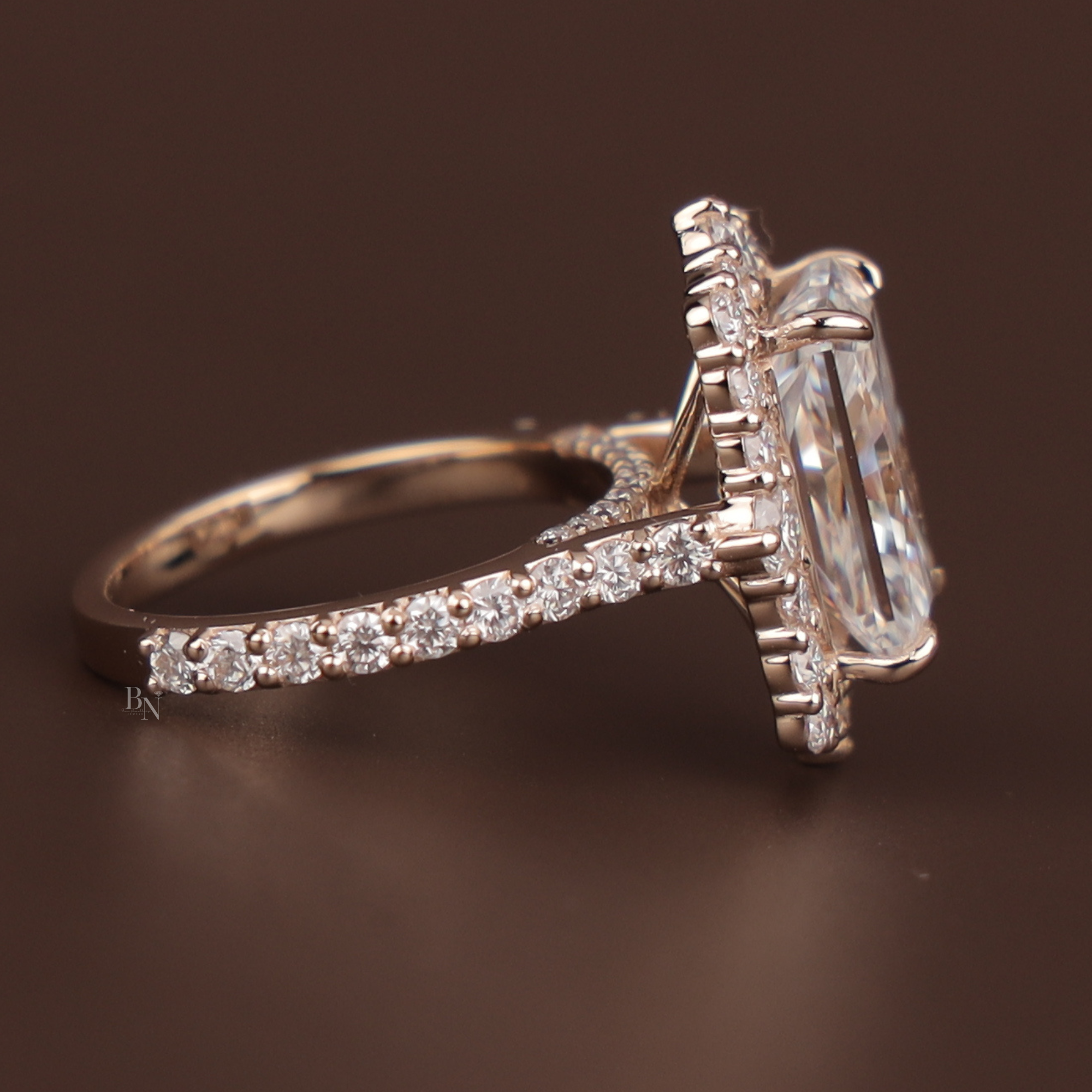 3.5ct Radiant Cut Lab Grown Diamond Engagement Ring | Hidden Halo Rose Gold Bridal Ring | 14K Rose Gold Pave Band | Type IIa Promise Ring