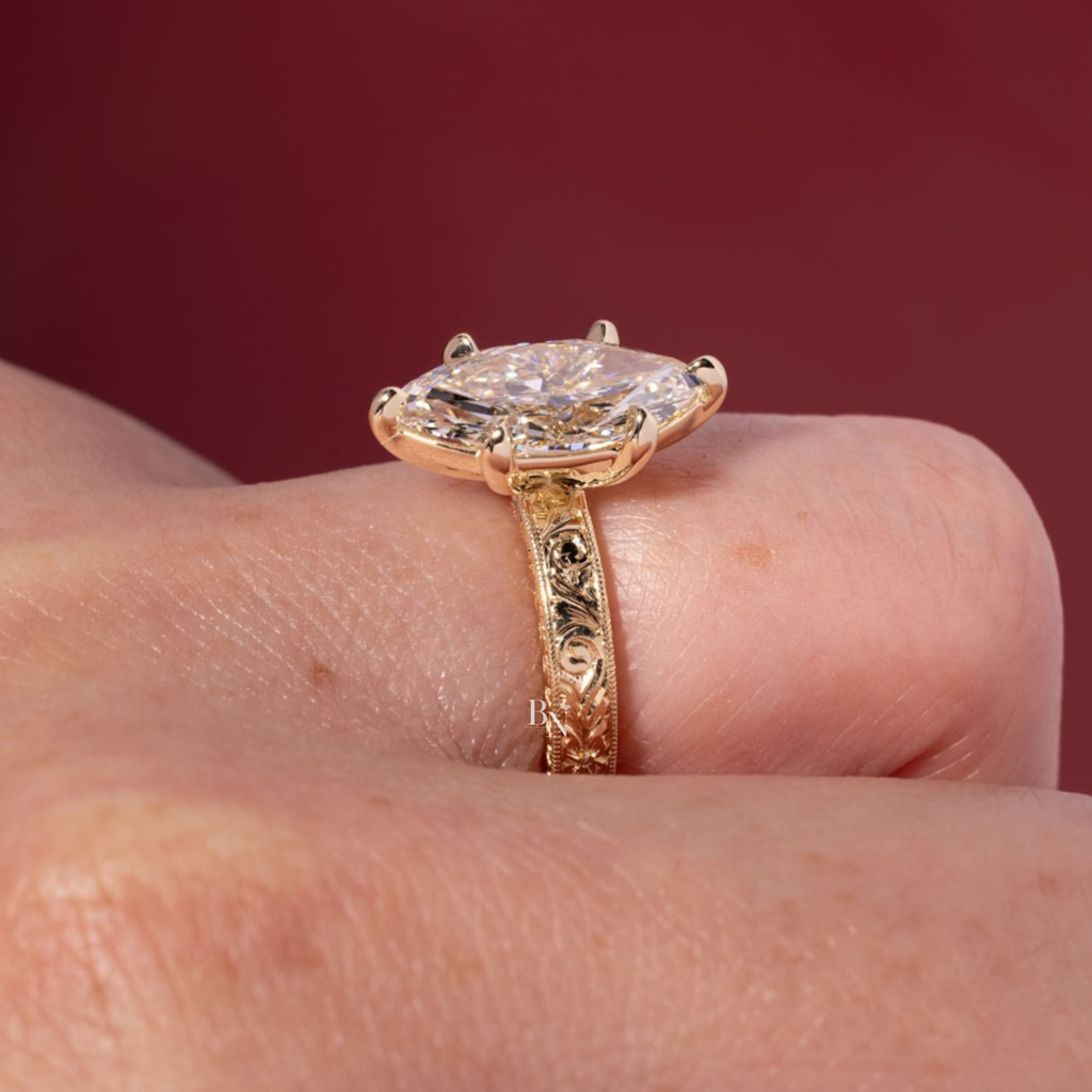 3ct Marquise Lab Grown Diamond Engagement Ring | 14K Yellow Gold | Vintage Hand Engraved Band | Art Deco Solitaire (photos of 3ct Ring)