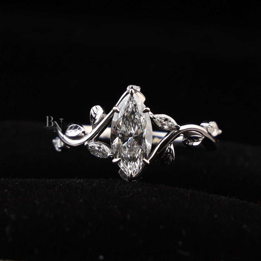 1ct Marquise Lab Diamond Engagement Ring | Nature Vine Leaf Setting | 14k White Gold Bridal Ring | Marquise Cut Anniversary Gift for Her