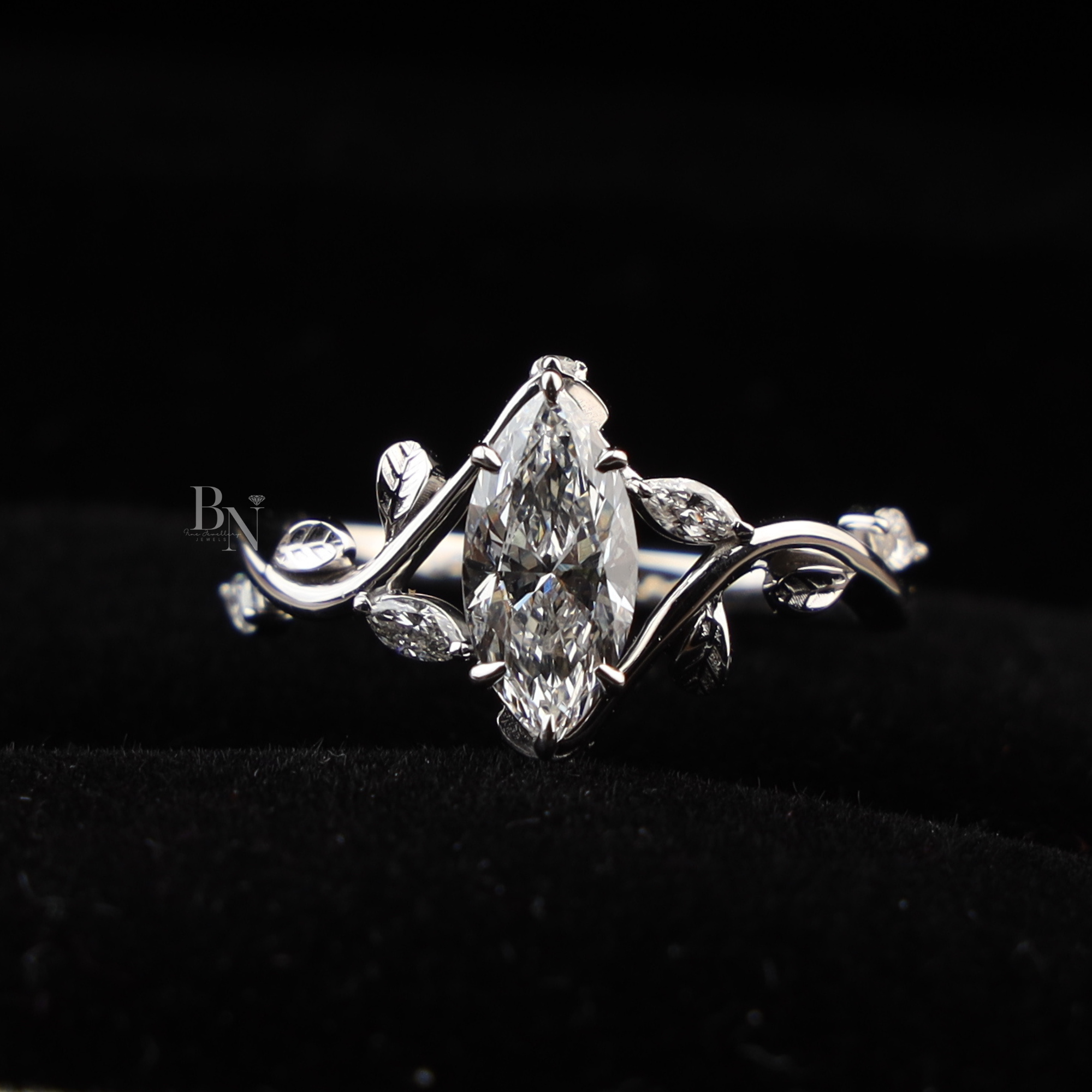 1ct Marquise Lab Diamond Engagement Ring | Nature Vine Leaf Setting | 14k White Gold Bridal Ring | Marquise Cut Anniversary Gift for Her