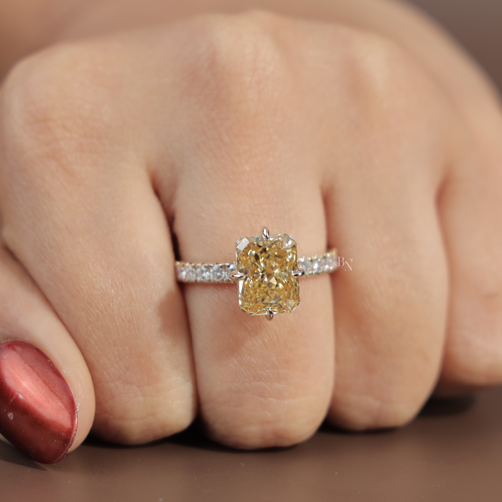 3.5ct Radiant Cut Fancy Yellow Lab Grown Diamond Engagement Ring | Hidden Halo | 14K White Gold Pave Band | IGI Certified Canary Diamond