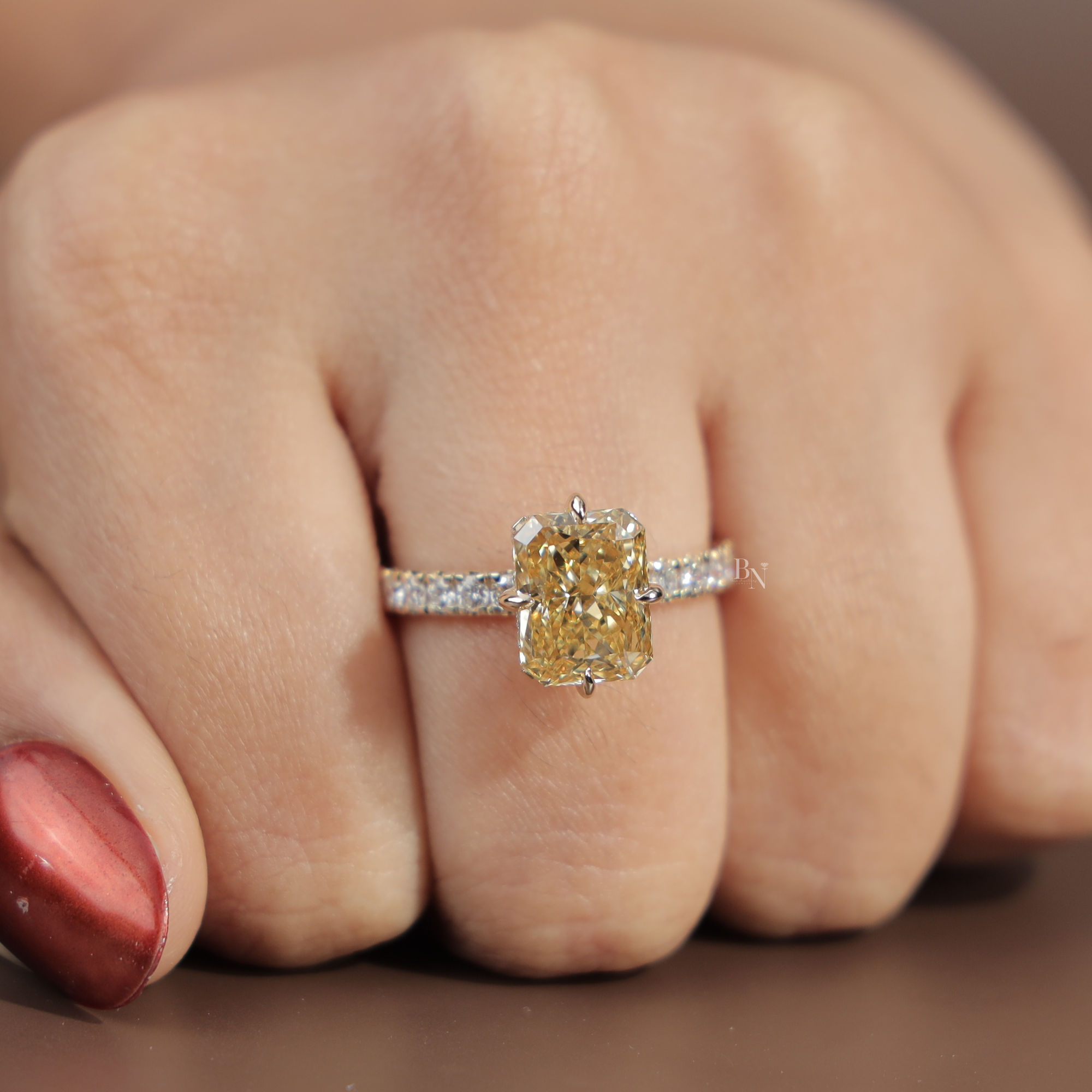 3.5ct Radiant Cut Fancy Yellow Lab Grown Diamond Engagement Ring | Hidden Halo | 14K White Gold Pave Band | IGI Certified Canary Diamond