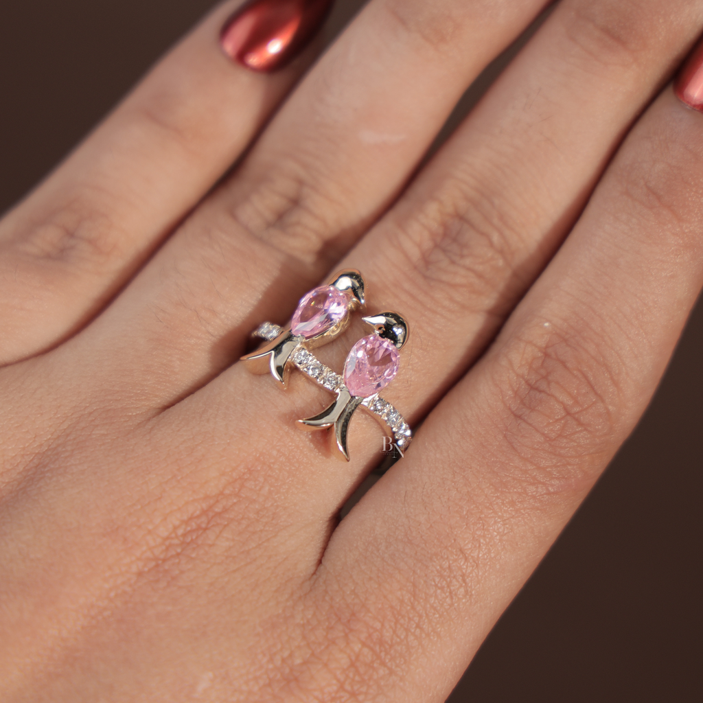 Pink Diamond Bird Ring | Pear Cut Pink Lab Diamond Toi et Moi Bird Jewelry | 14K Gold Nature Inspired Ring | Romantic Anniversary Gift