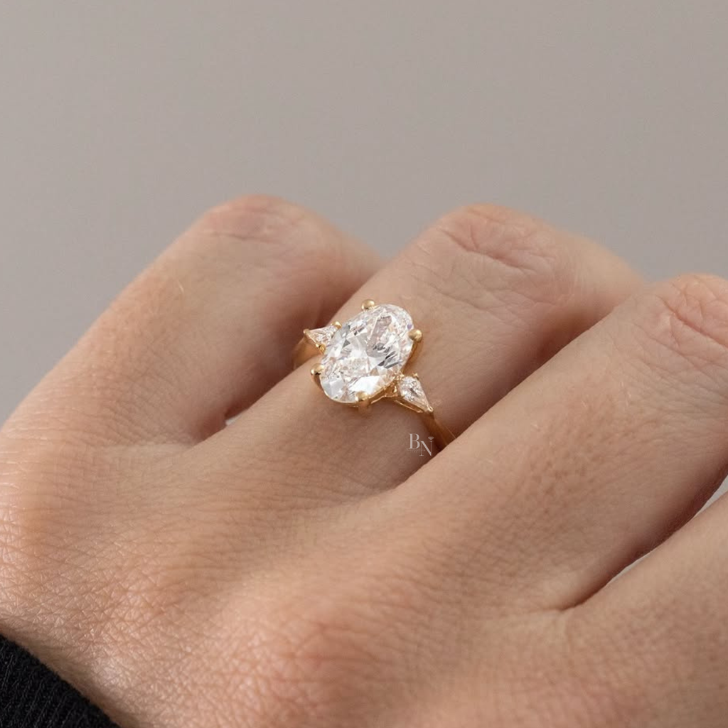 2.5ct Oval Lab Grown Diamond Engagement Ring | 14K Yellow Gold | Pear Side Stones | Three Stone Bridal Ring |