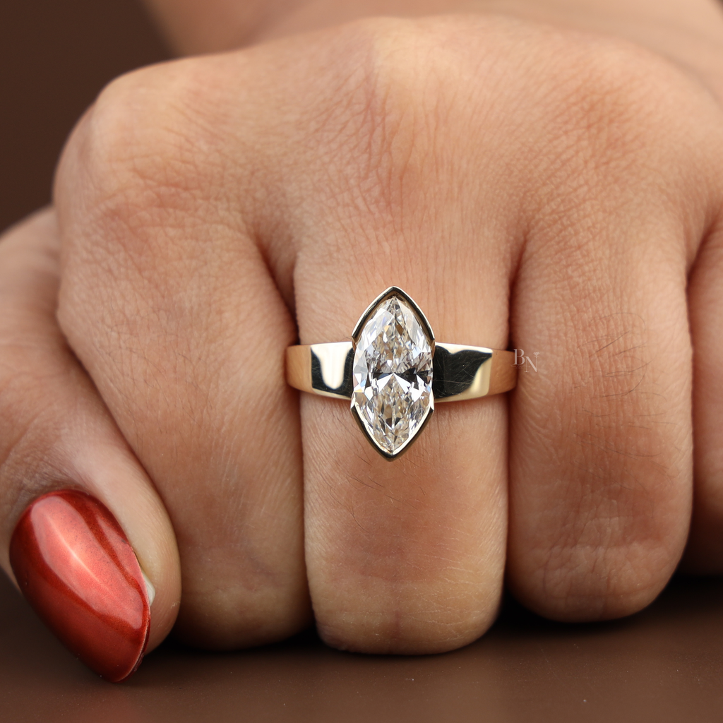 2ct Marquise Diamond Engagement Ring | 18K Yellow Gold Bezel Set Tapered Band | IGI Certified Ring