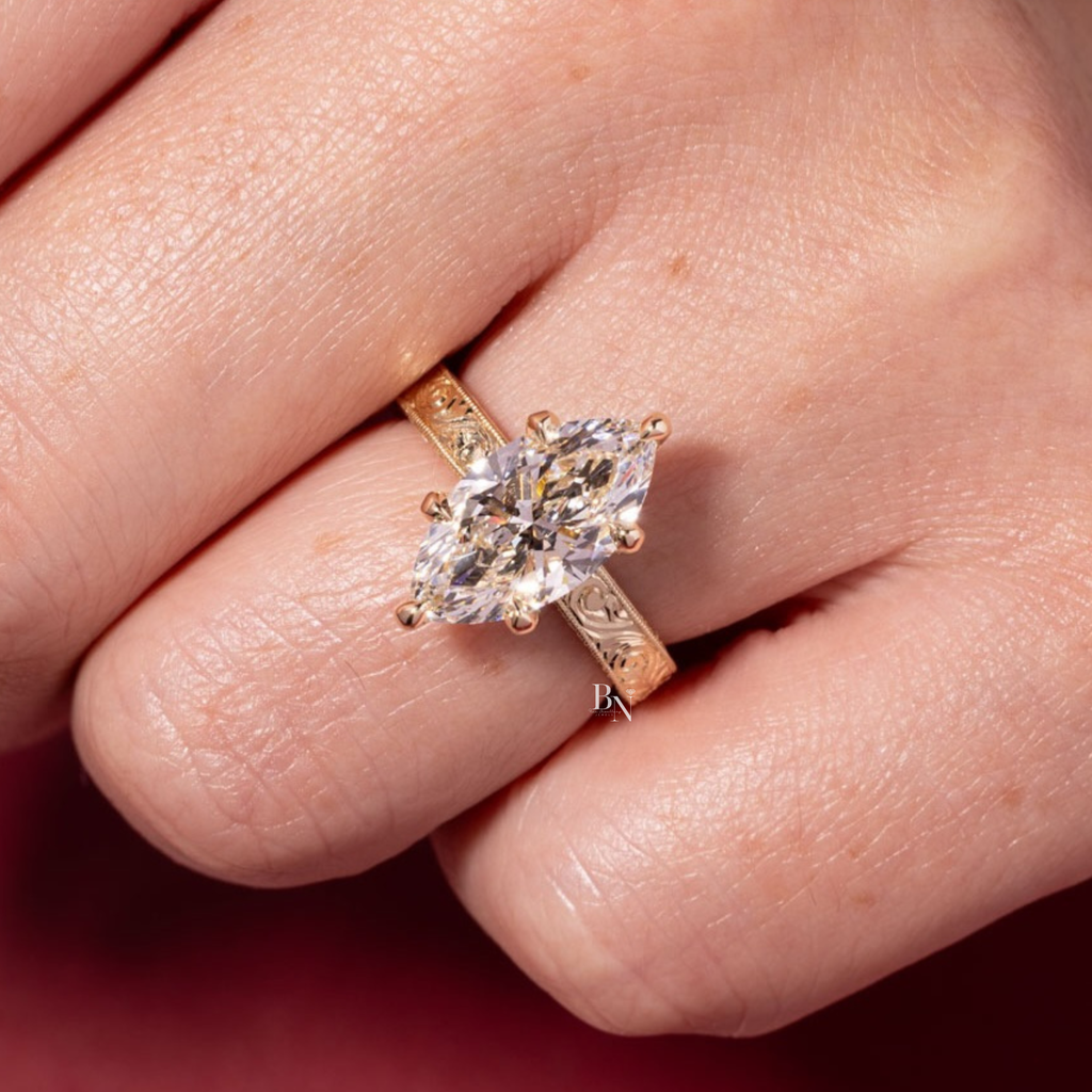 3ct Marquise Lab Grown Diamond Engagement Ring | 14K Yellow Gold | Vintage Hand Engraved Band | Art Deco Solitaire (photos of 3ct Ring)