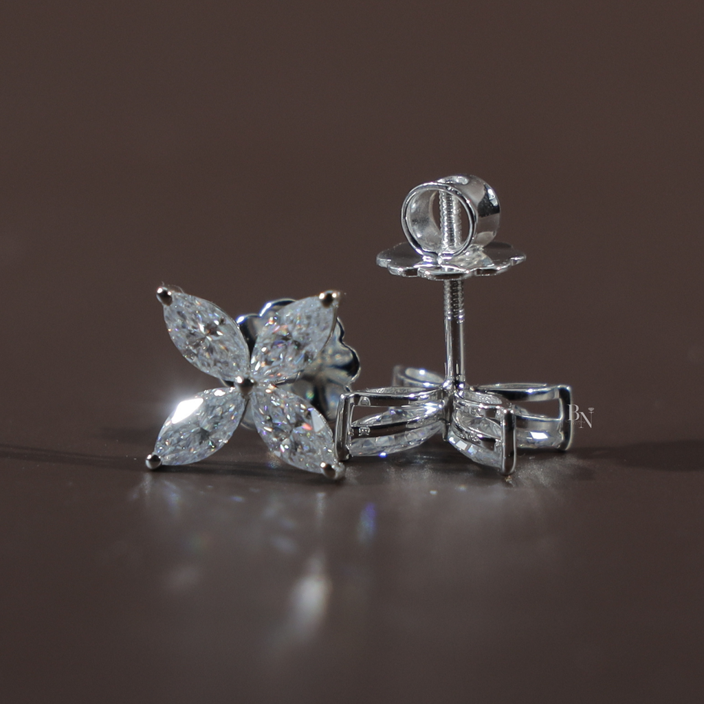 1.60 Carat Marquise Lab Grown Diamond Stud Earrings | 14K White Gold Floral Cluster Studs | IGI Certified Diamond | Secure Screw Back