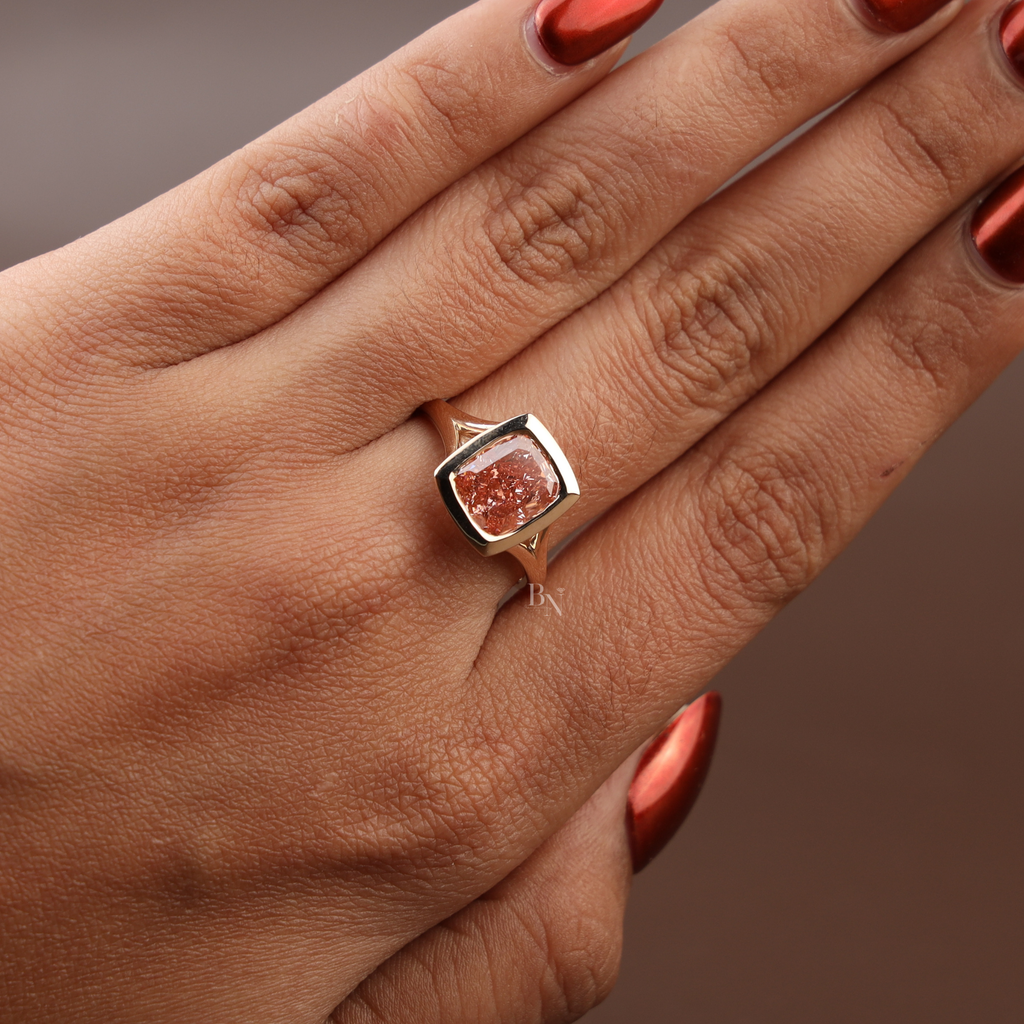 3ct Cushion Cut Fancy Pink Lab Grown Diamond Engagement Ring | 14K Solid Gold Bezel Set Solitaire | Split Shank Cathedral Bridal Ring | IGI