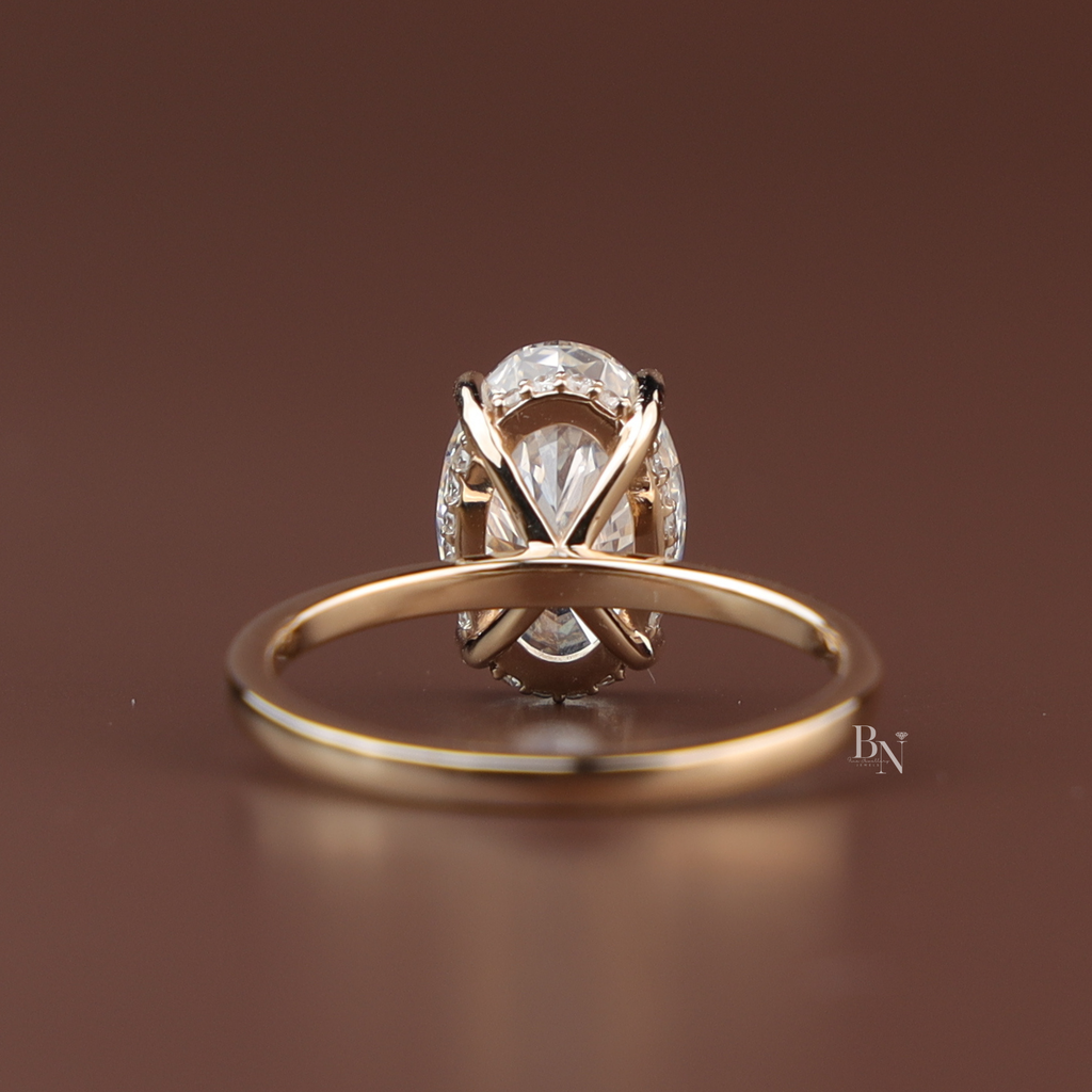 3ct Oval Lab Diamond Engagement Ring, Yellow Gold Hidden Halo Solitaire Ring, Classic Plain Band Wedding Ring, Minimalist Bridal Jewelry