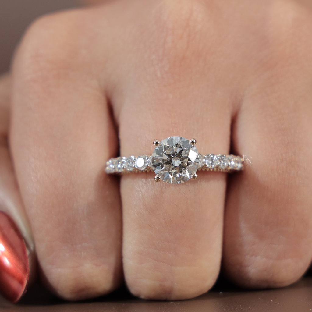 2ct Round Brilliant Lab Grown Diamond Engagement Ring | 14K Rose Gold Filigree Gallery | Pavé Diamond Band | Milgrain Vintage Bridal Ring