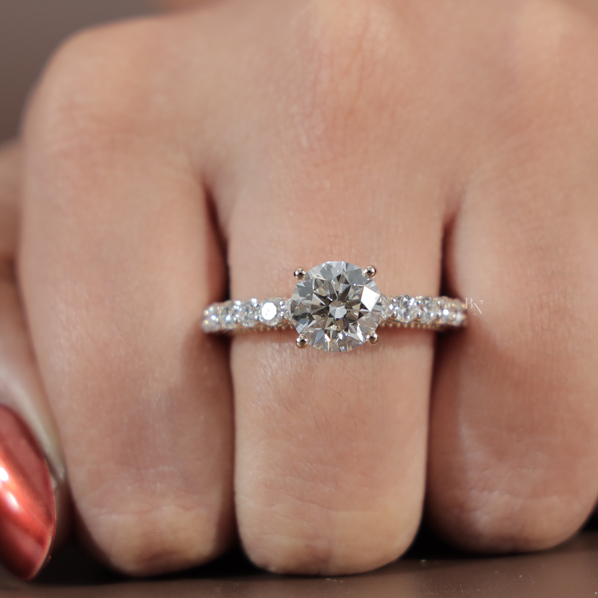 2ct Round Brilliant Lab Grown Diamond Engagement Ring | 14K Rose Gold Filigree Gallery | Pavé Diamond Band | Milgrain Vintage Bridal Ring