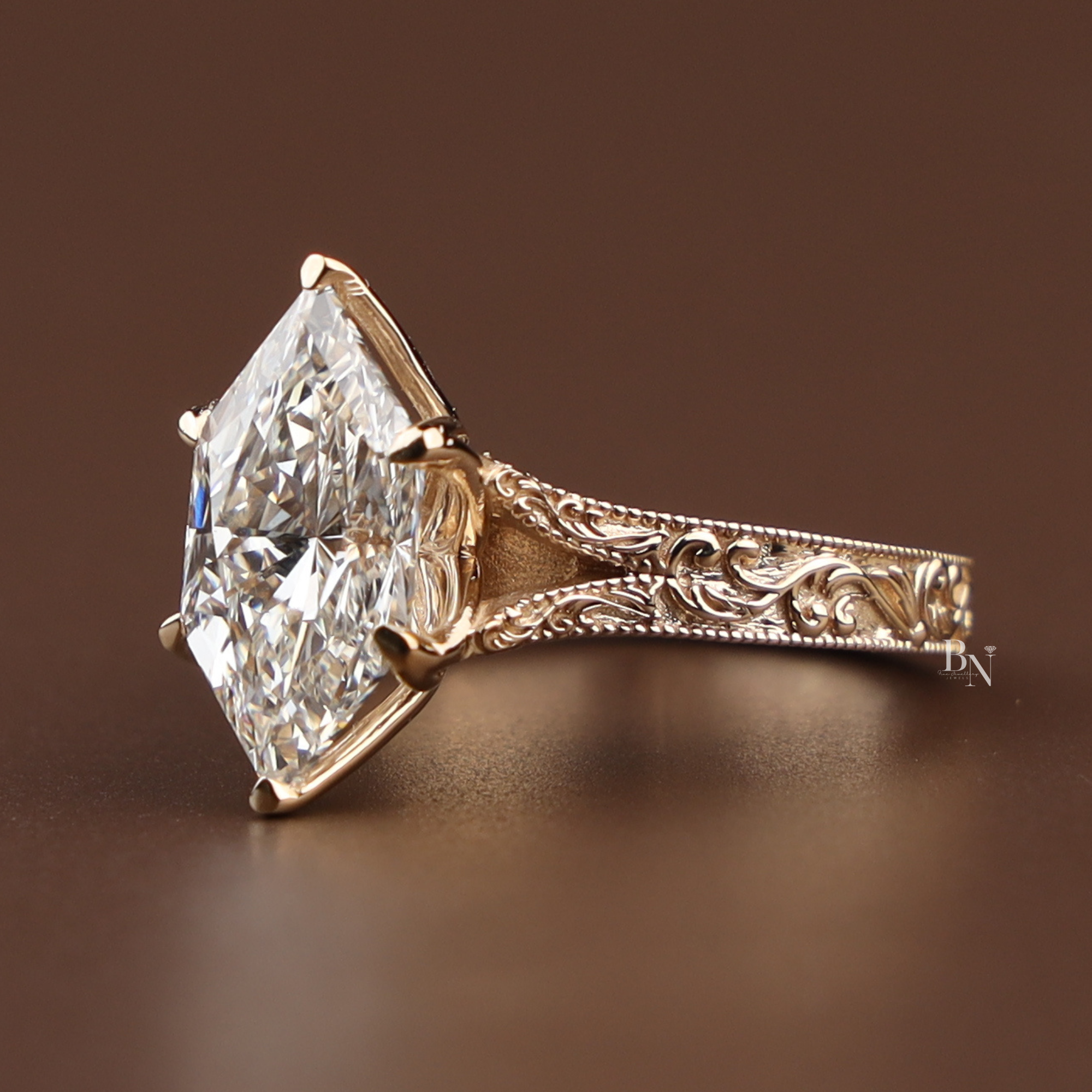 3ct Dutch Marquise Lab Grown Diamond Engagement Ring | Vintage Engraved 14k Yellow Gold Band | Solitaire Marquise Ring |