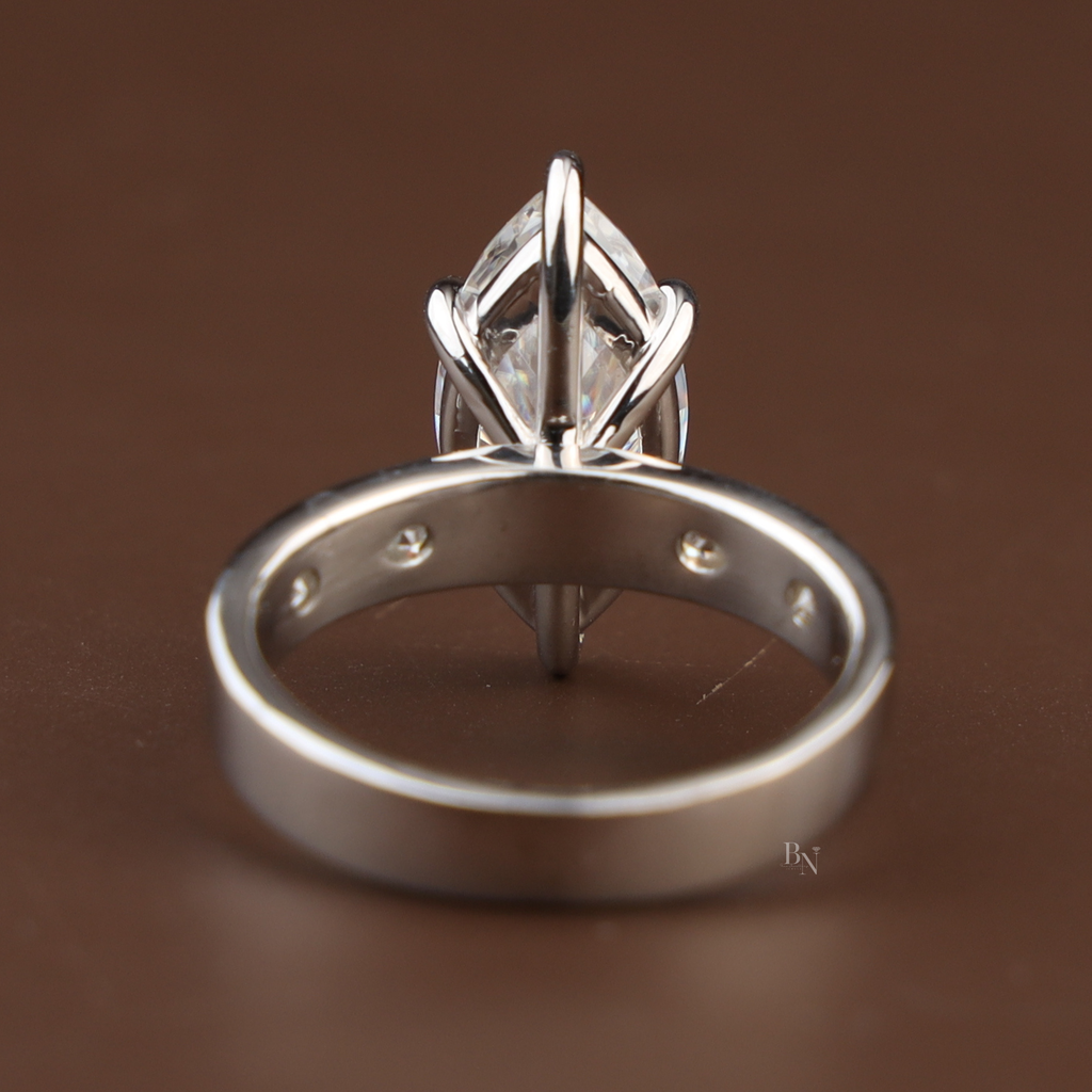 3ct Marquise Lab Grown Diamond Engagement Ring | 14K White Gold Six Prong V-Tip Solitaire | Unique Bezel Accent Band |