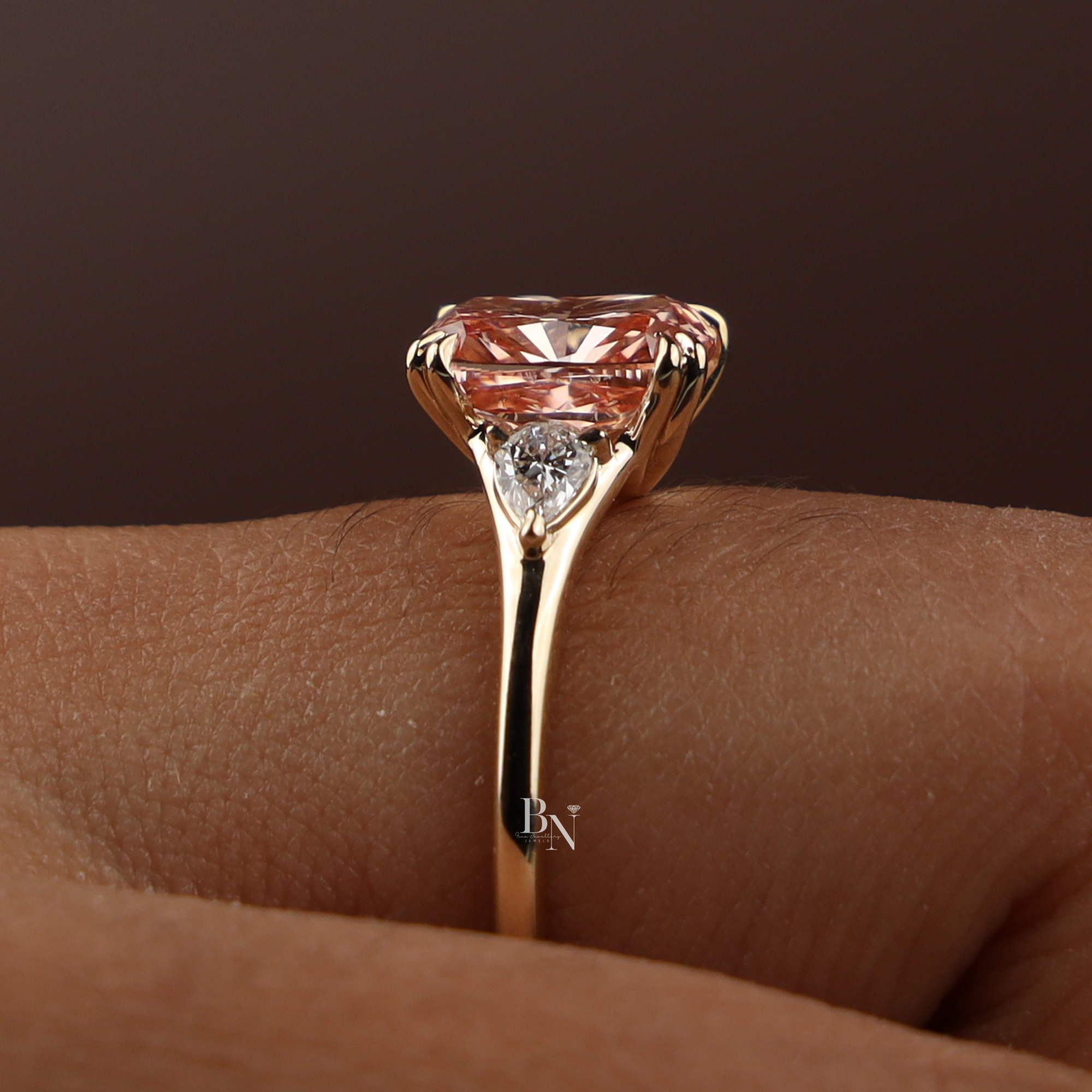 3ct Fancy Pink Cushion Lab Diamond Engagement Ring, 14K Gold Three Stone Bridal Ring, Pink Cushion Cut Anniversary Ring, Pear Side Stone Ring
