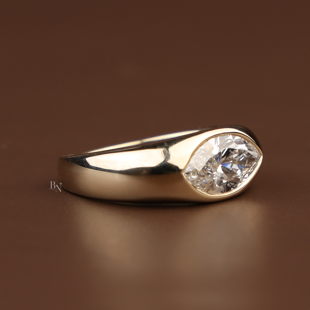 1.5ct Marquise Lab Grown Diamond Engagement Ring | Bezel Set East West Solitaire | 14K Yellow Gold Wide Band | IGI Certified |