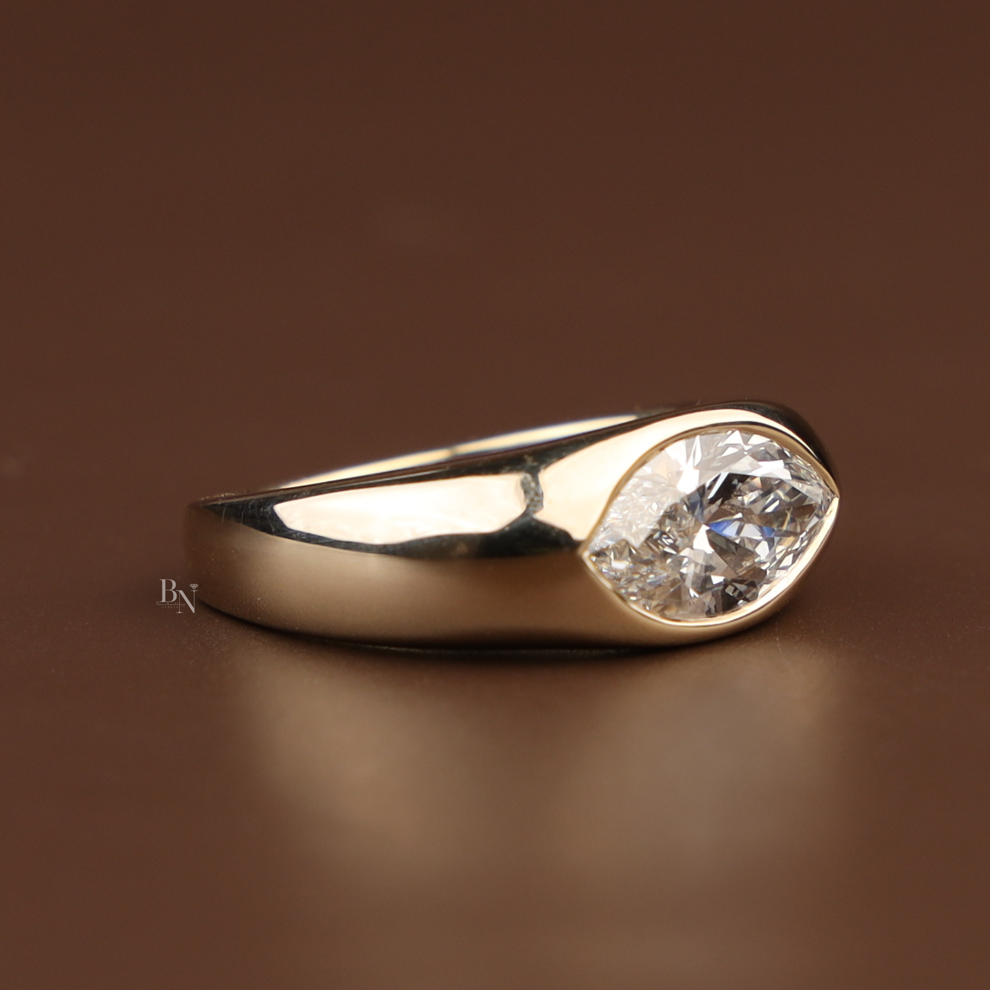 1.5ct Marquise Lab Grown Diamond Engagement Ring | Bezel Set East West Solitaire | 14K Yellow Gold Wide Band | IGI Certified |