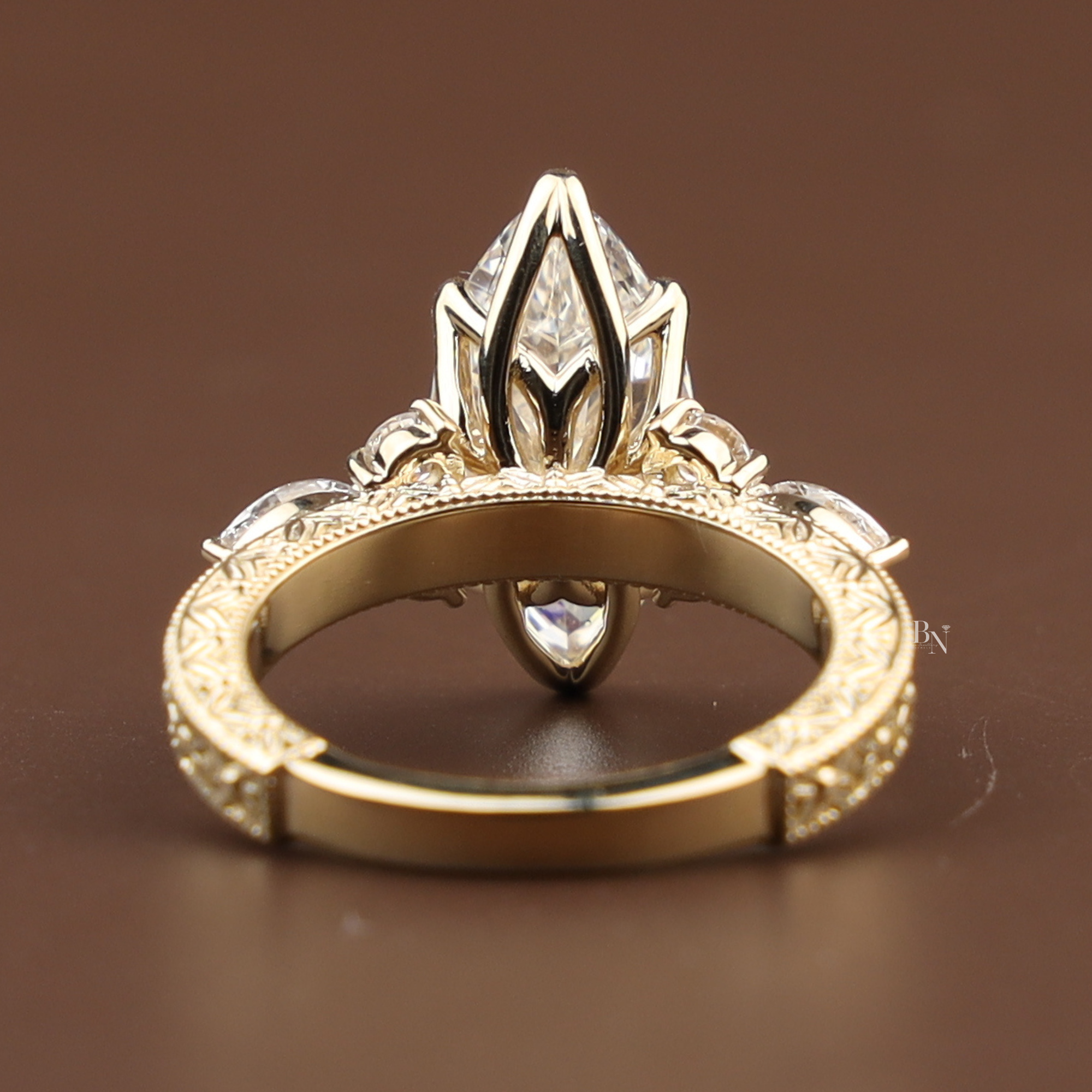 3ct Marquise Lab Grown Diamond Engagement Ring |  Gold Vintage Filigree Ring |  Lotus Setting | Antique Bridal Ring