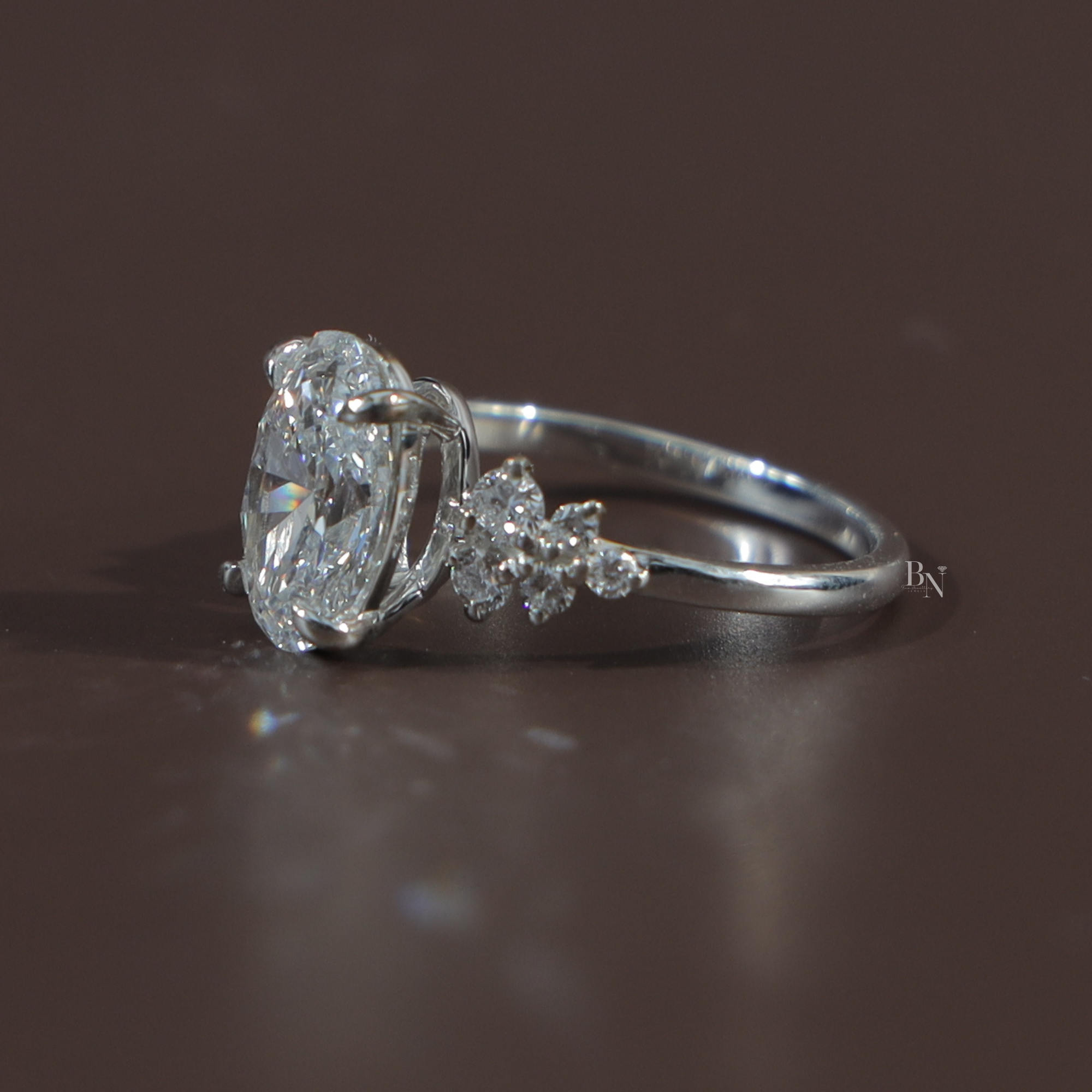 2 Carat Oval Lab Grown Diamond Engagement Ring | 14K White Gold Cluster Setting | IGI Certified | Unique Bridal Anniversary Ring |