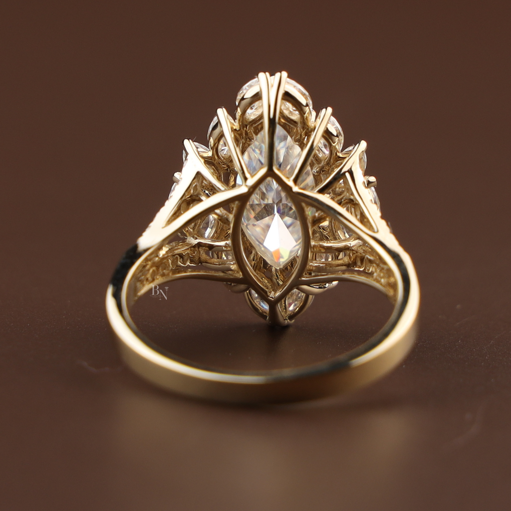 3ct Marquise Lab Diamond Engagement Ring | Marquise Cluster Halo Setting | Split Shank Gold Band | Unique Luxury Wedding Jewelry |