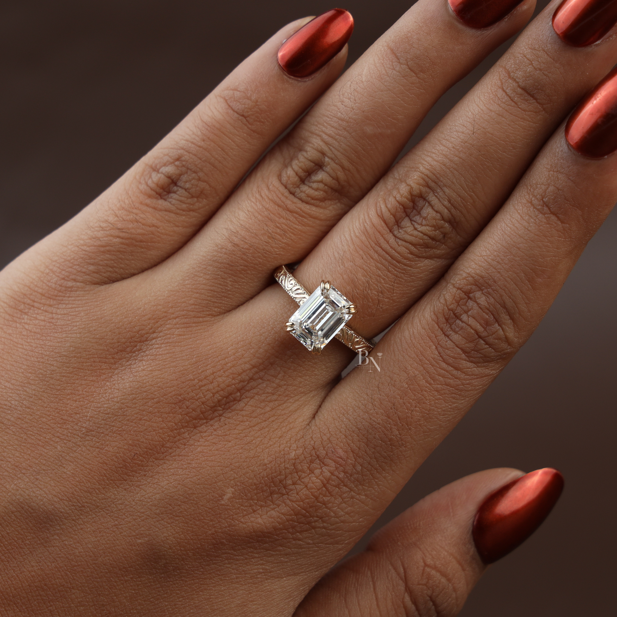 3ct Emerald Cut Lab Grown Diamond Engagement Ring | Vintage Engraved Gold Solitaire | Art Deco Antique Inspired |
