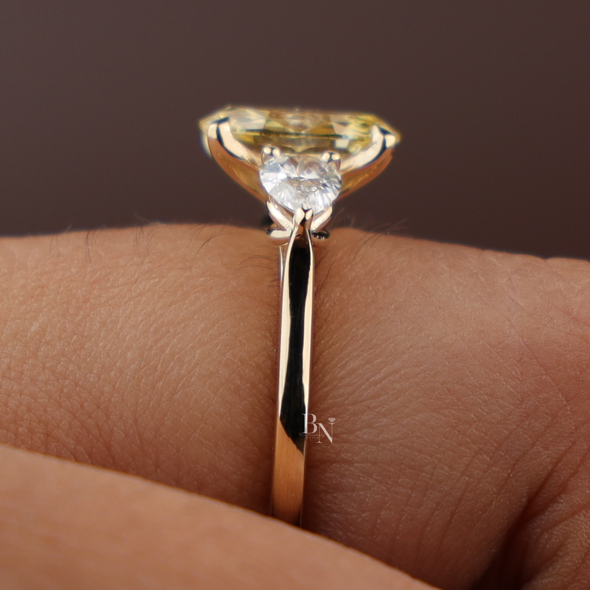 2ct Fancy Yellow Oval Lab Grown Diamond Engagement Ring | 14K Yellow Gold Three Stone Ring | Pear Cut