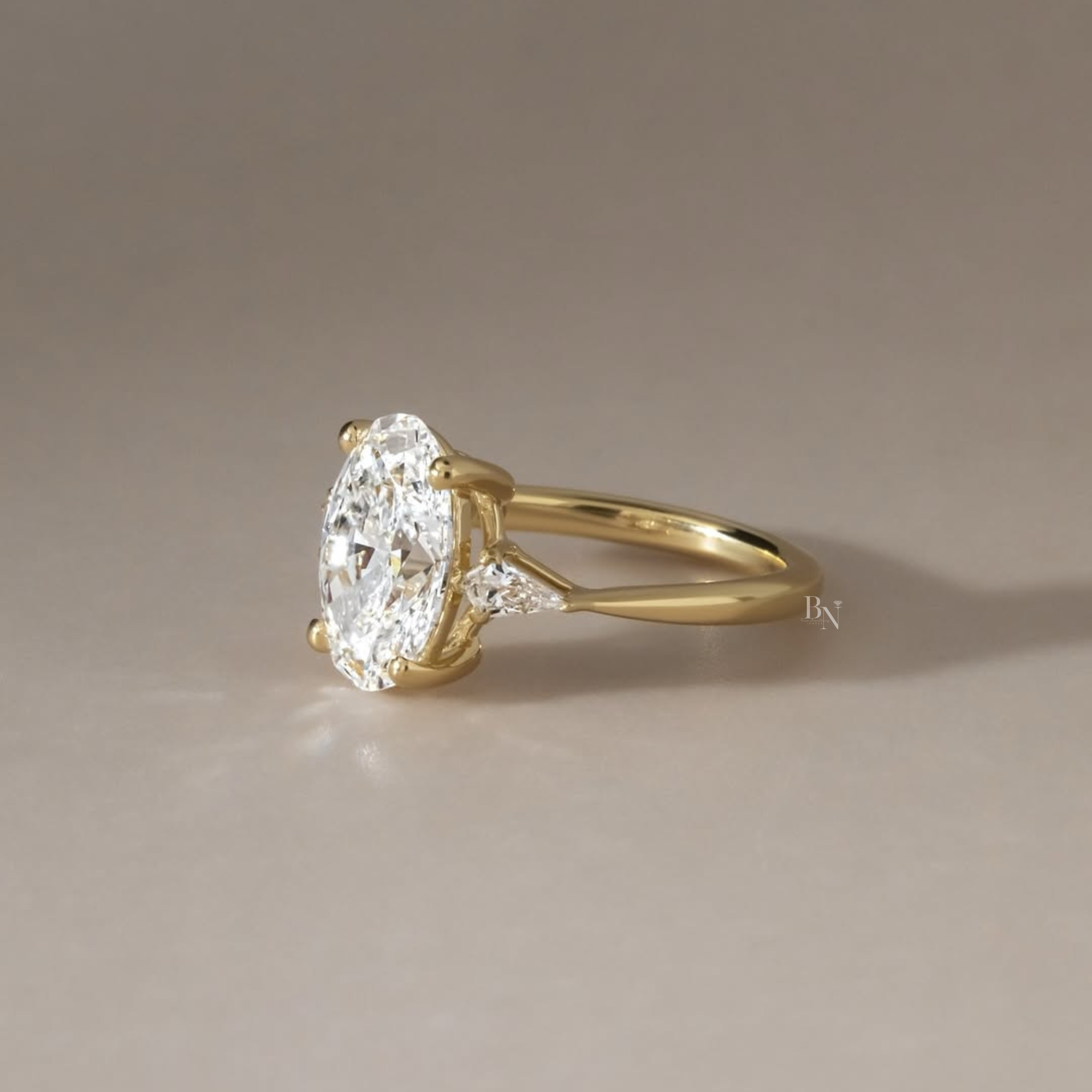 2.5ct Oval Lab Grown Diamond Engagement Ring | 14K Yellow Gold | Pear Side Stones | Three Stone Bridal Ring |
